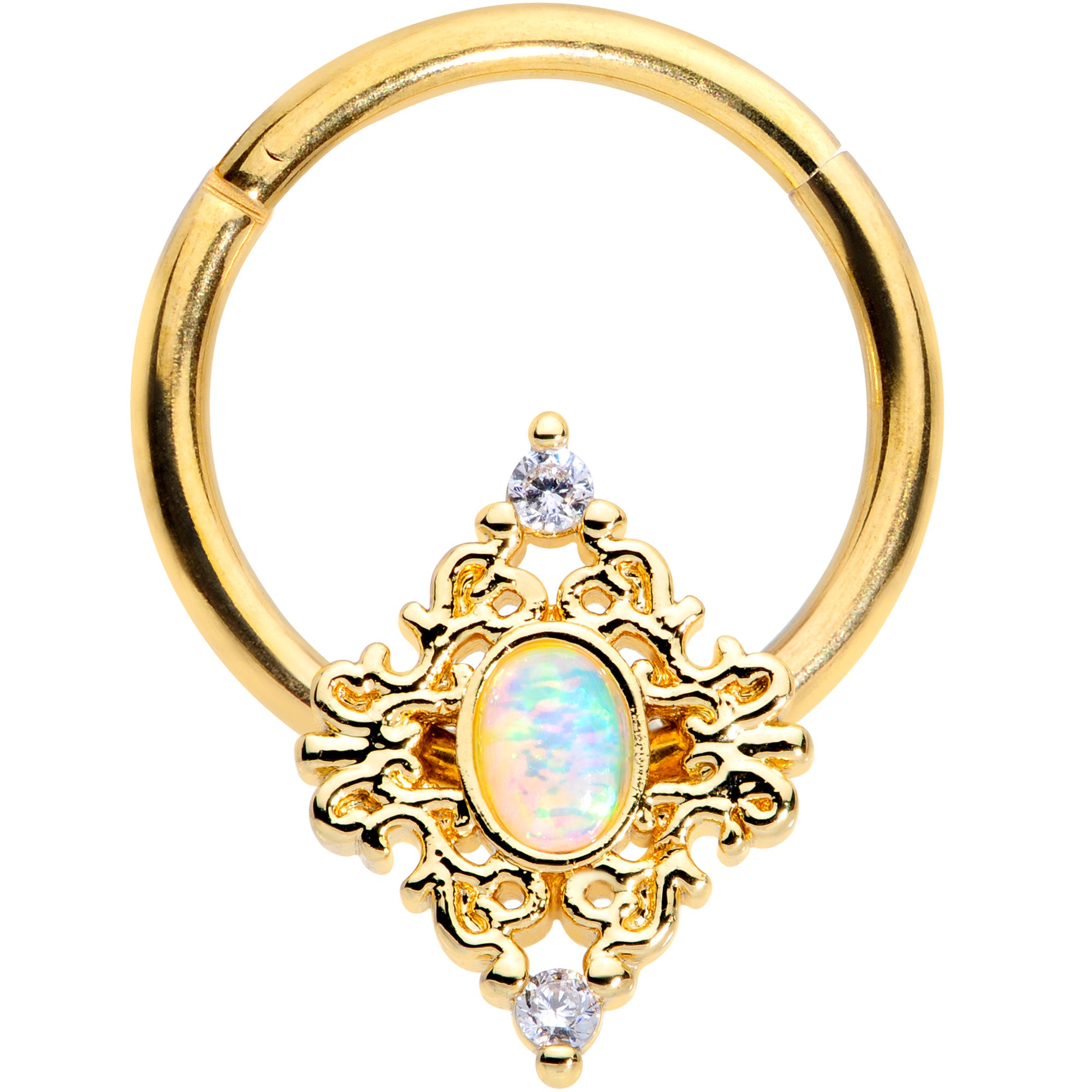 16G 3/8 White Synthetic Opal Gold Tone Oval Hinged Segment Ring
