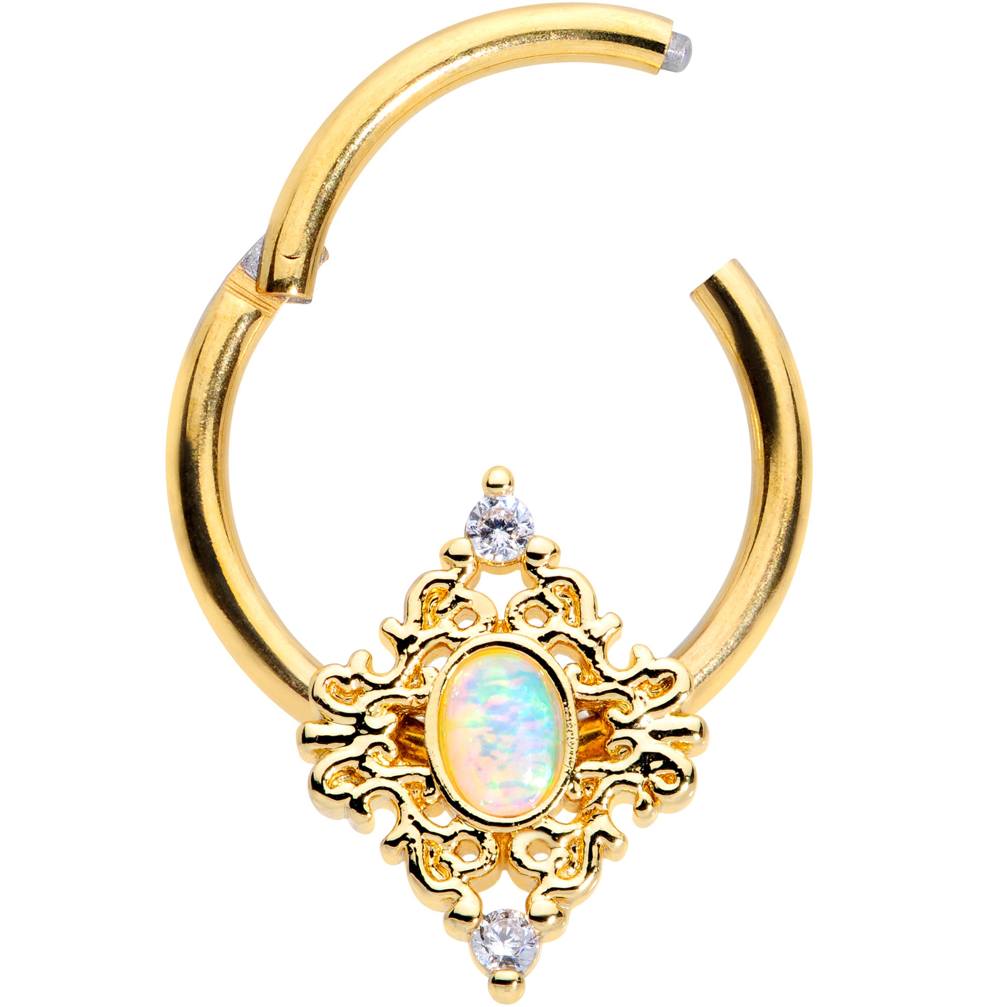 16G 3/8 White Synthetic Opal Gold Tone Oval Hinged Segment Ring
