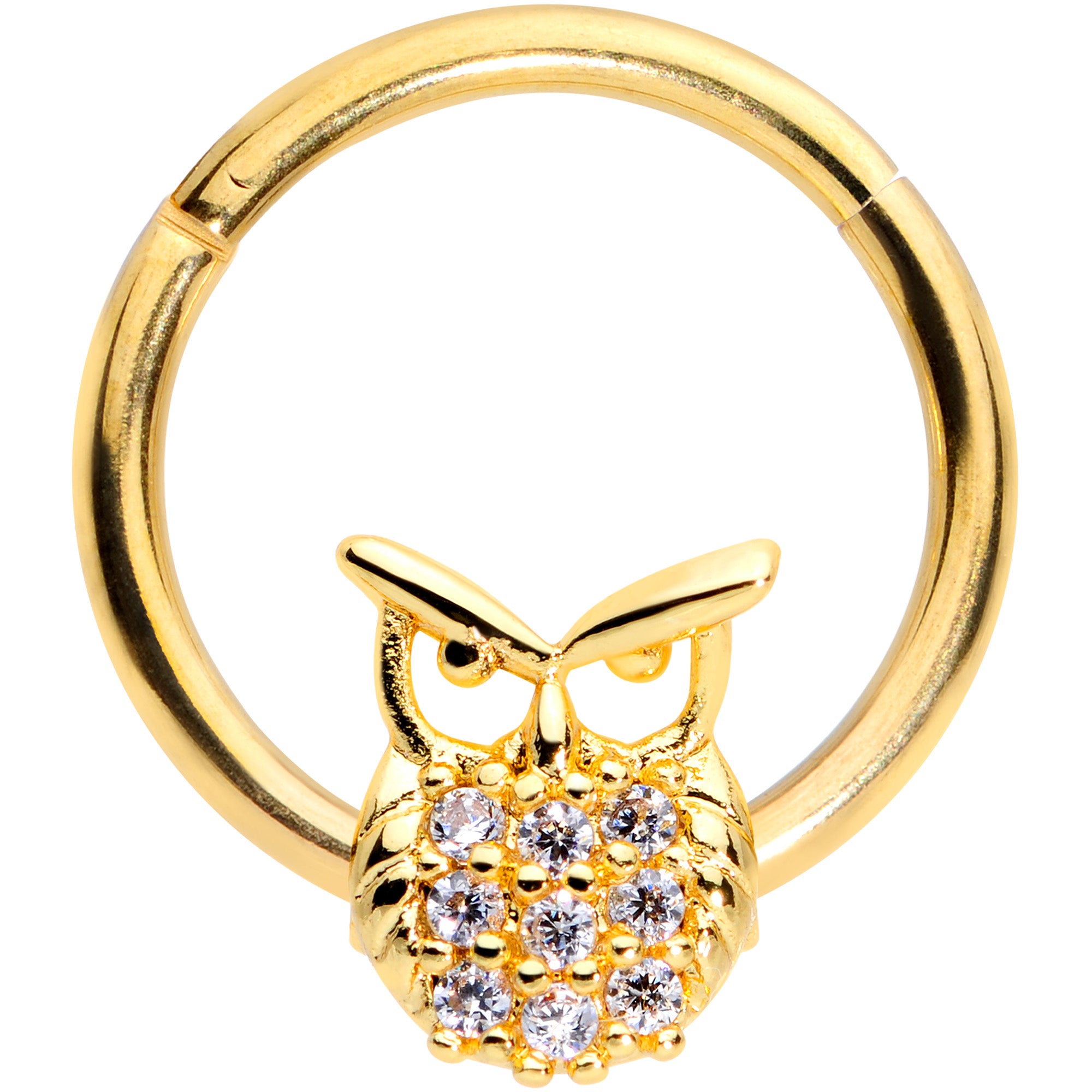 16G 3/8 Clear CZ Gem Gold Tone Opulent Owl Hinged Segment Ring