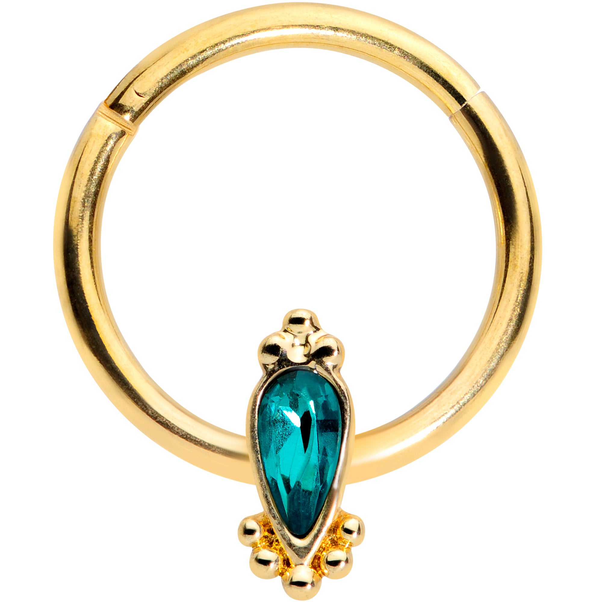 16G 3/8 Green Gem Gold Tone Teardrop Hinged Segment Ring