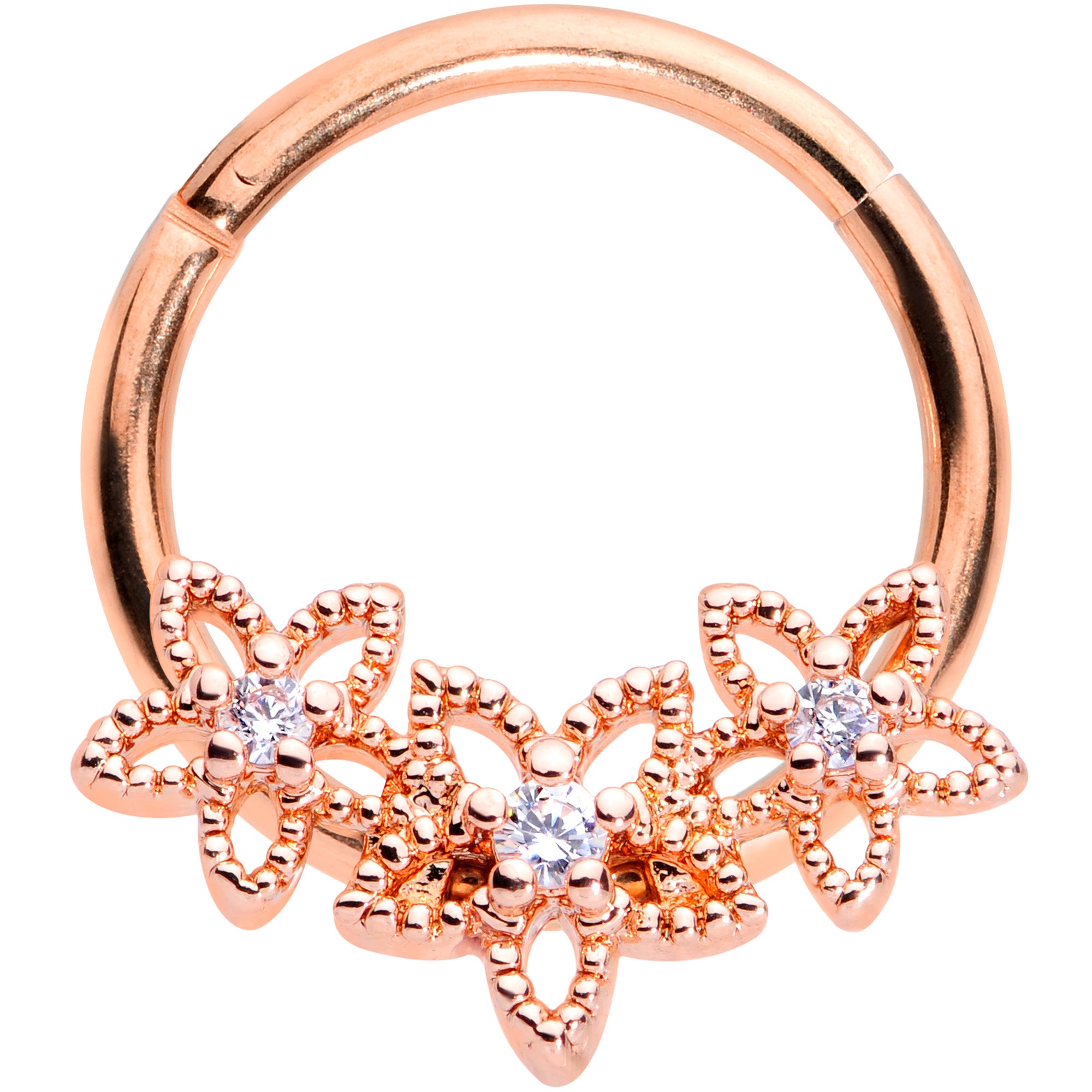 16G 3/8 Clear CZ Gem Rose Gold Tone Floral Hinged Segment Ring
