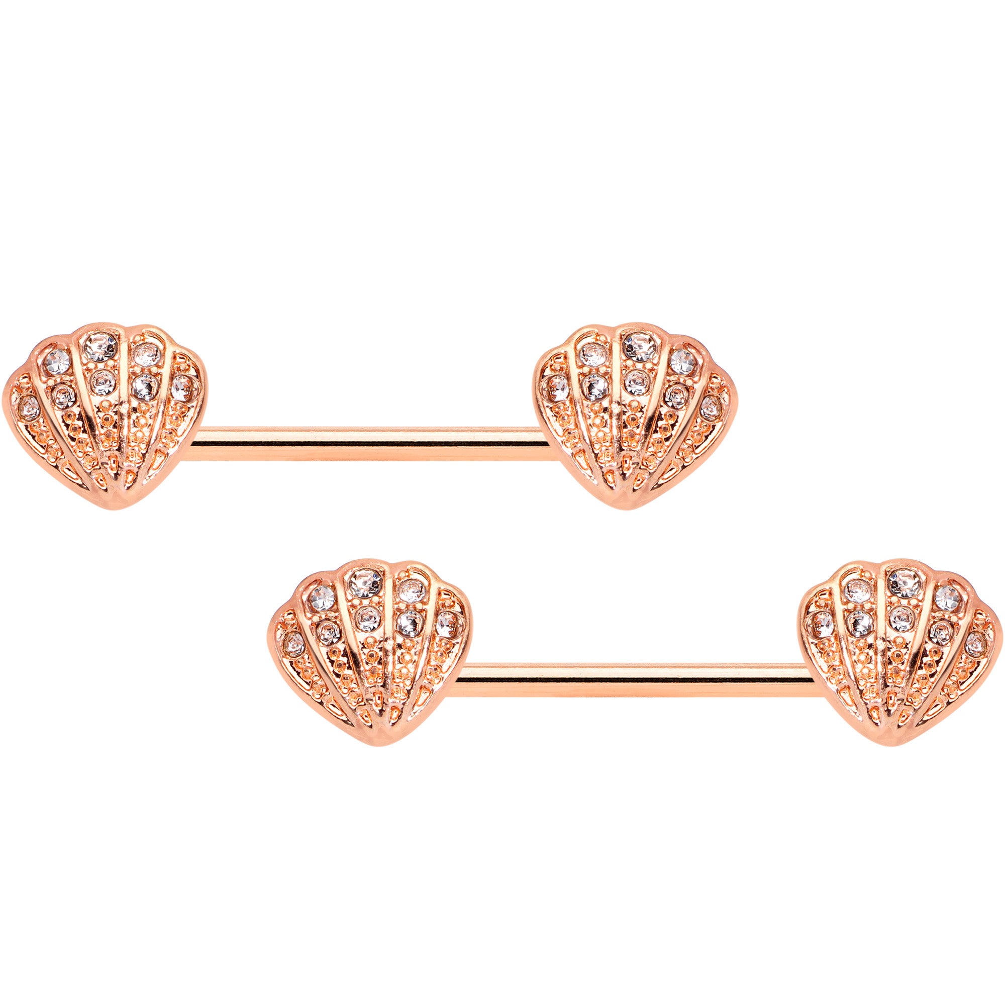14G 5/8 Clear Gem Rose Gold Tone Shell Barbell Nipple Ring Set