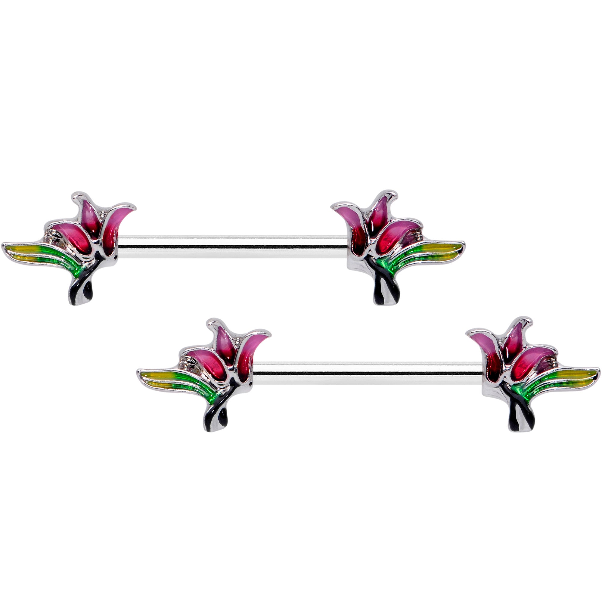 14G 5/8 Green Purple Tropical Flower Barbell Nipple Ring Set