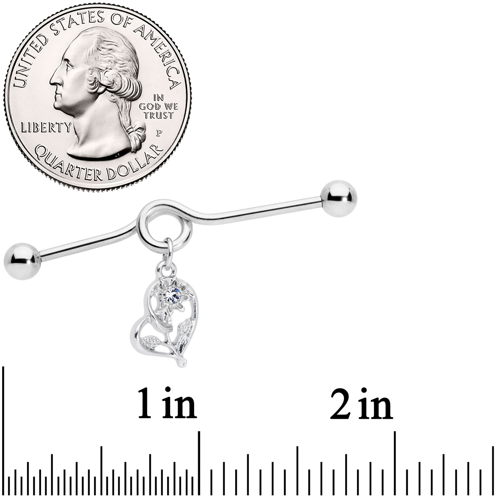 14G Clear Gem Blossoming Heart Flower Dangle Project Bar 38mm