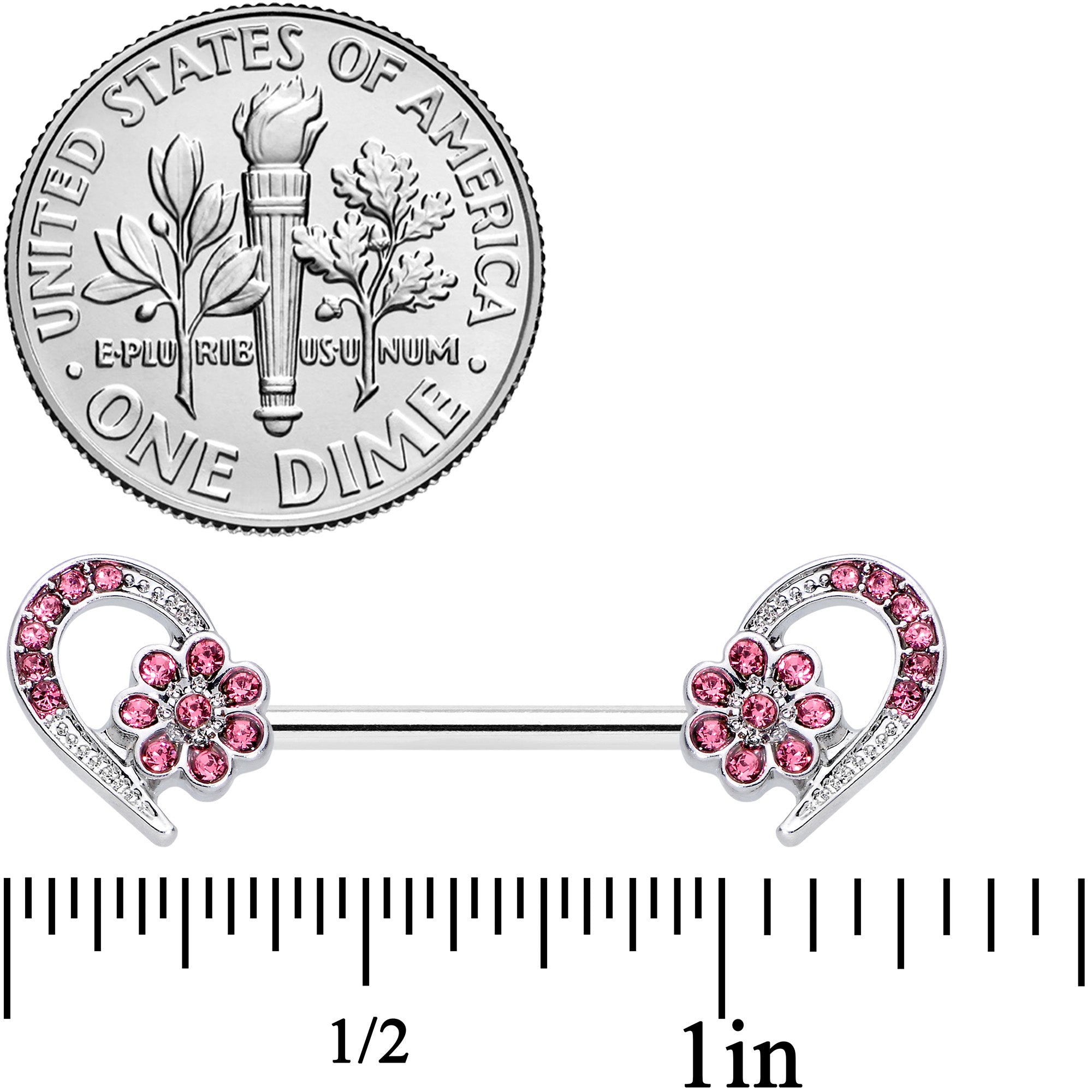 14G 9/16 Pink Gem Flower Heart Barbell Nipple Ring Set