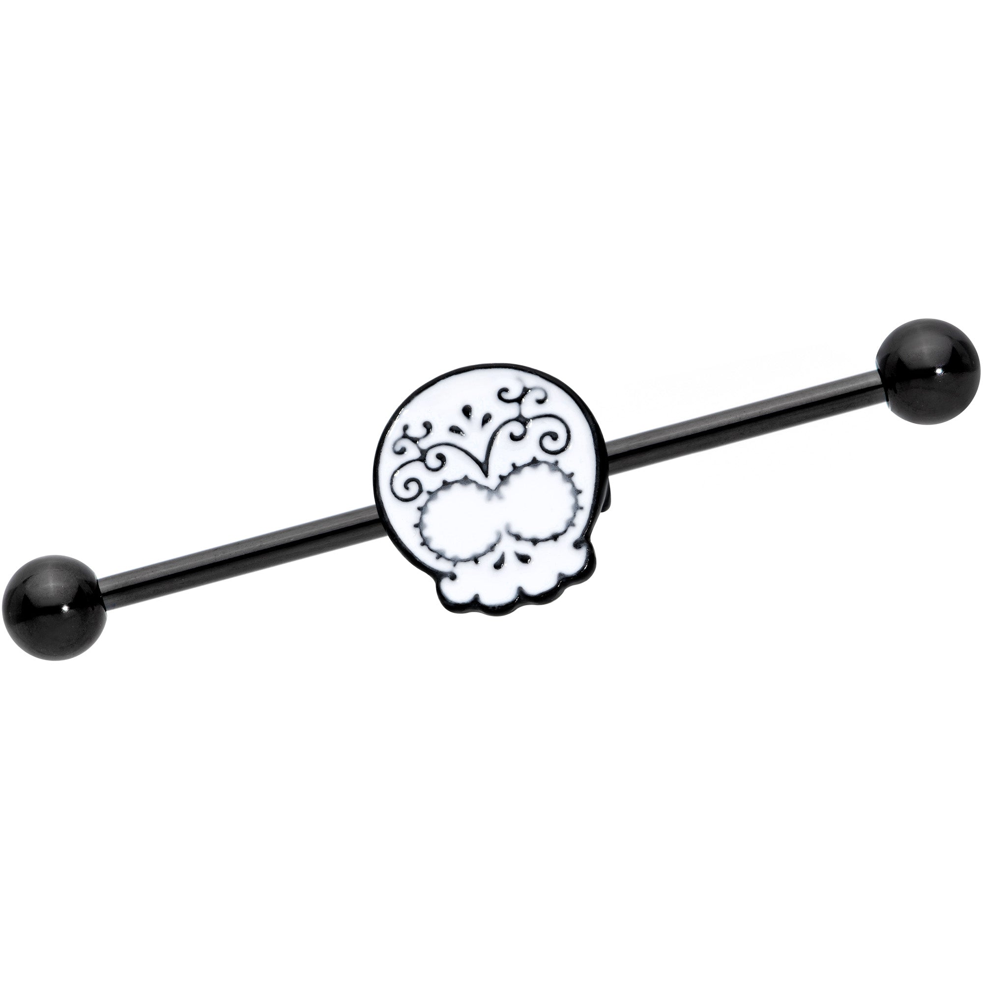 14G Black White Calavera Sugar Skull Industrial Barbell 38mm