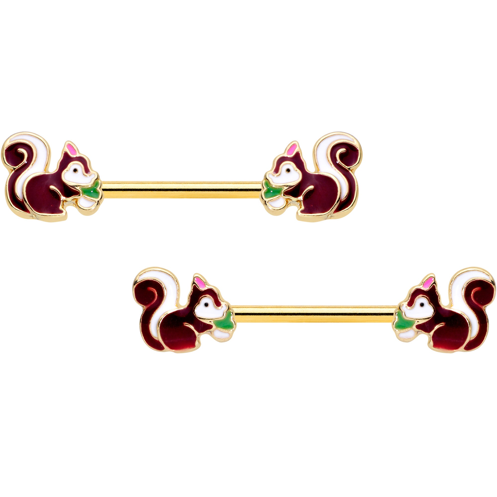 14G 9/16 Gold Tone Snacking Squirrel Barbell Nipple Ring Set