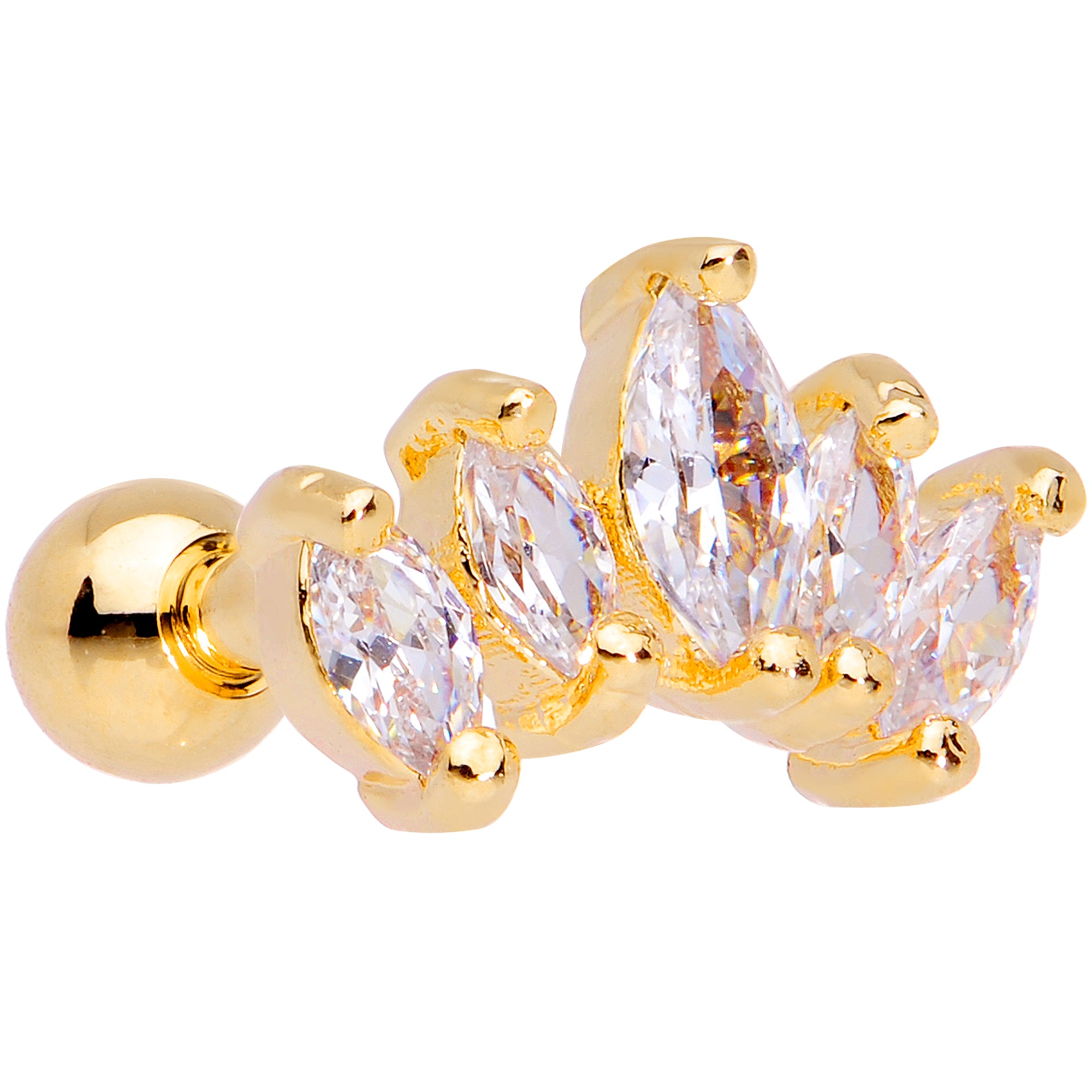 16G 1/4 Clear CZ Gem Gold Tone Crown Cartilage Tragus Earring