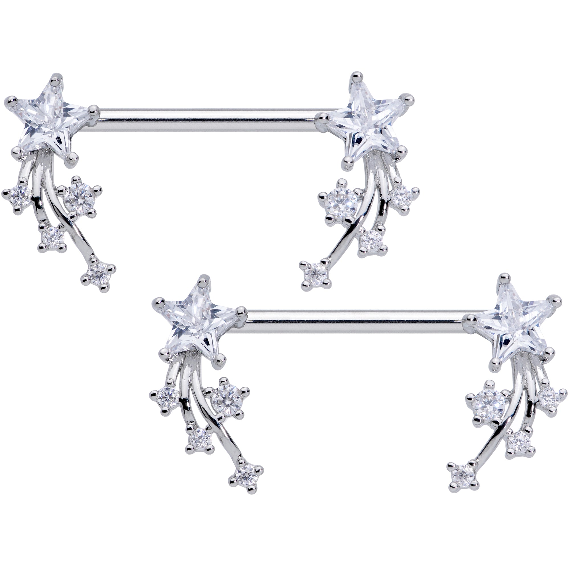 14G 5/8 Clear CZ Gem Shooting Star Barbell Nipple Ring Set