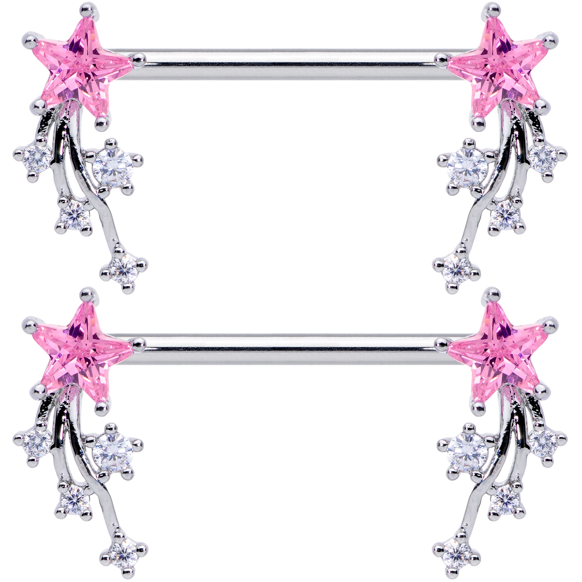 14G 5/8 Pink Clear CZ Gem Shooting Star Barbell Nipple Ring Set