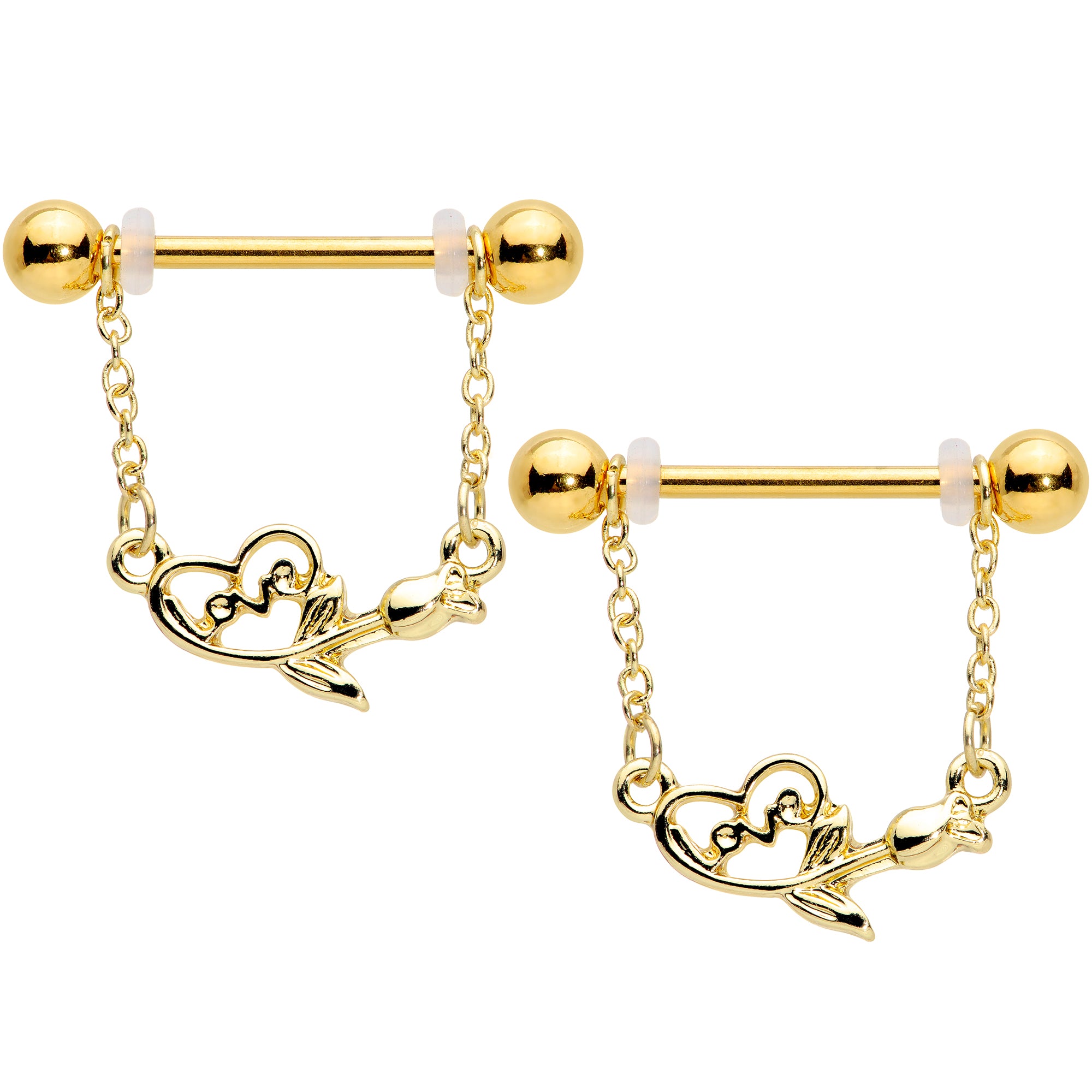 14G 11/16 Gold Tone Love Rose Dangle Nipple Ring Set