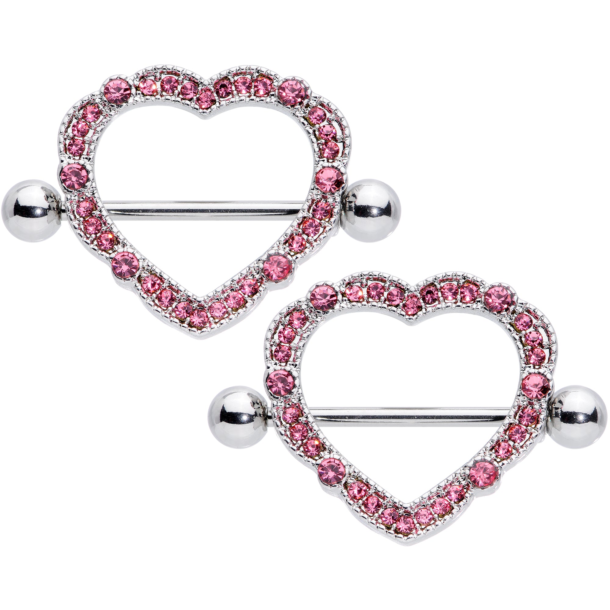 14G 9/16 Pink Gem Love Hearts Nipple Shield Set