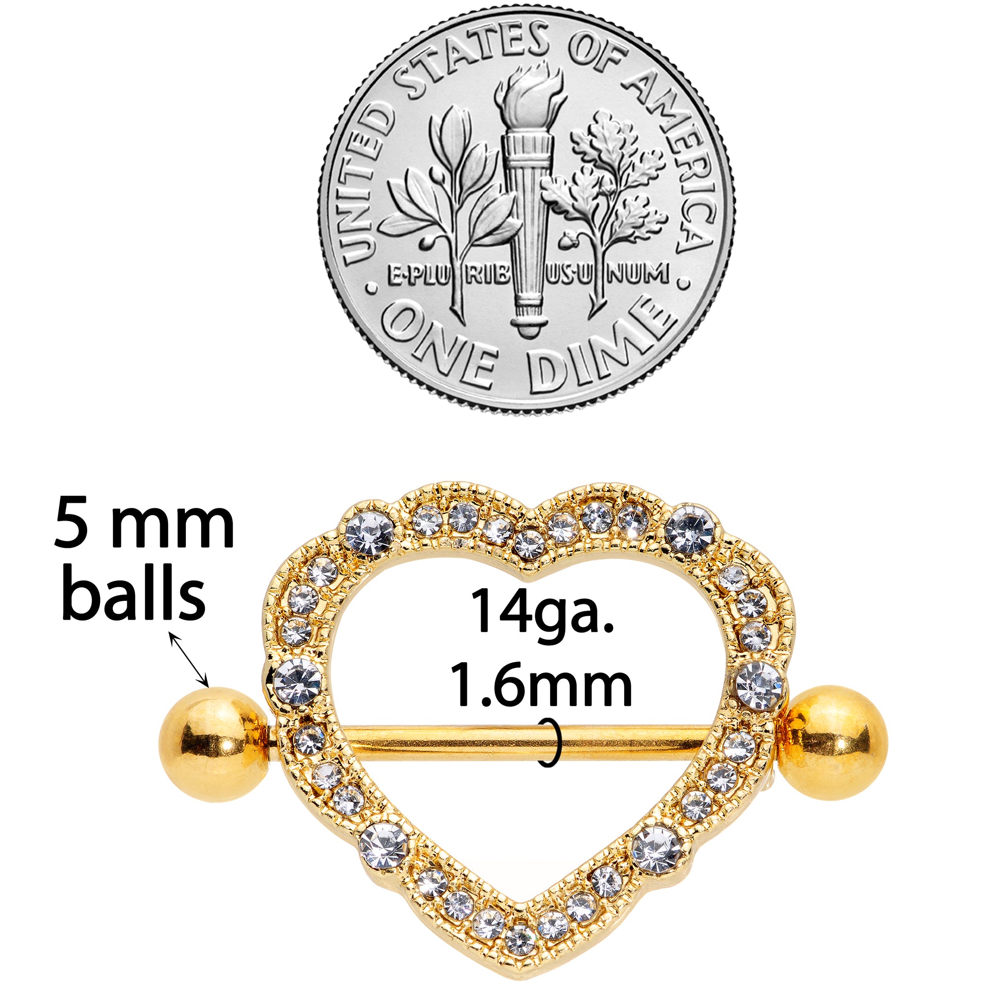 14G 9/16 Clear Gem Gold Tone Love Hearts Nipple Shield Set