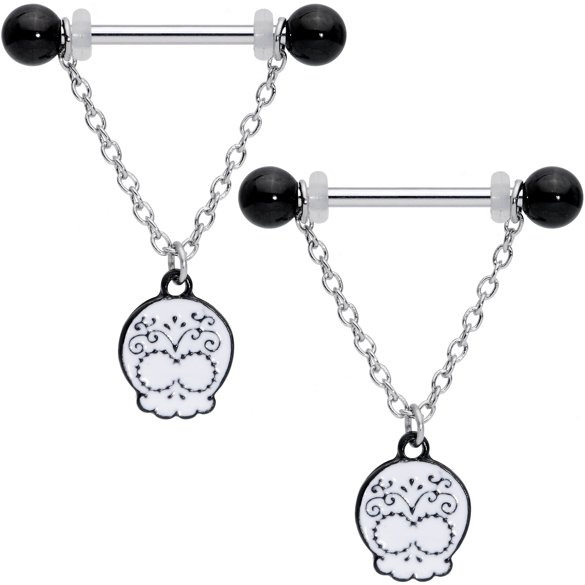 14G 11/16 Black UV Ball Sugar Skull Chain Dangle Nipple Ring Set