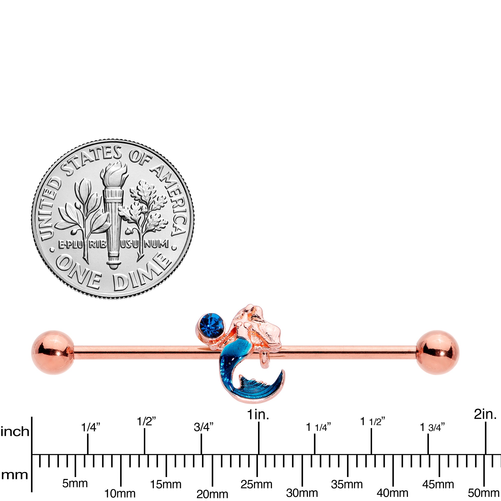 14G Aqua Gem Rose Gold Tone Mermaid Industrial Barbell 38mm