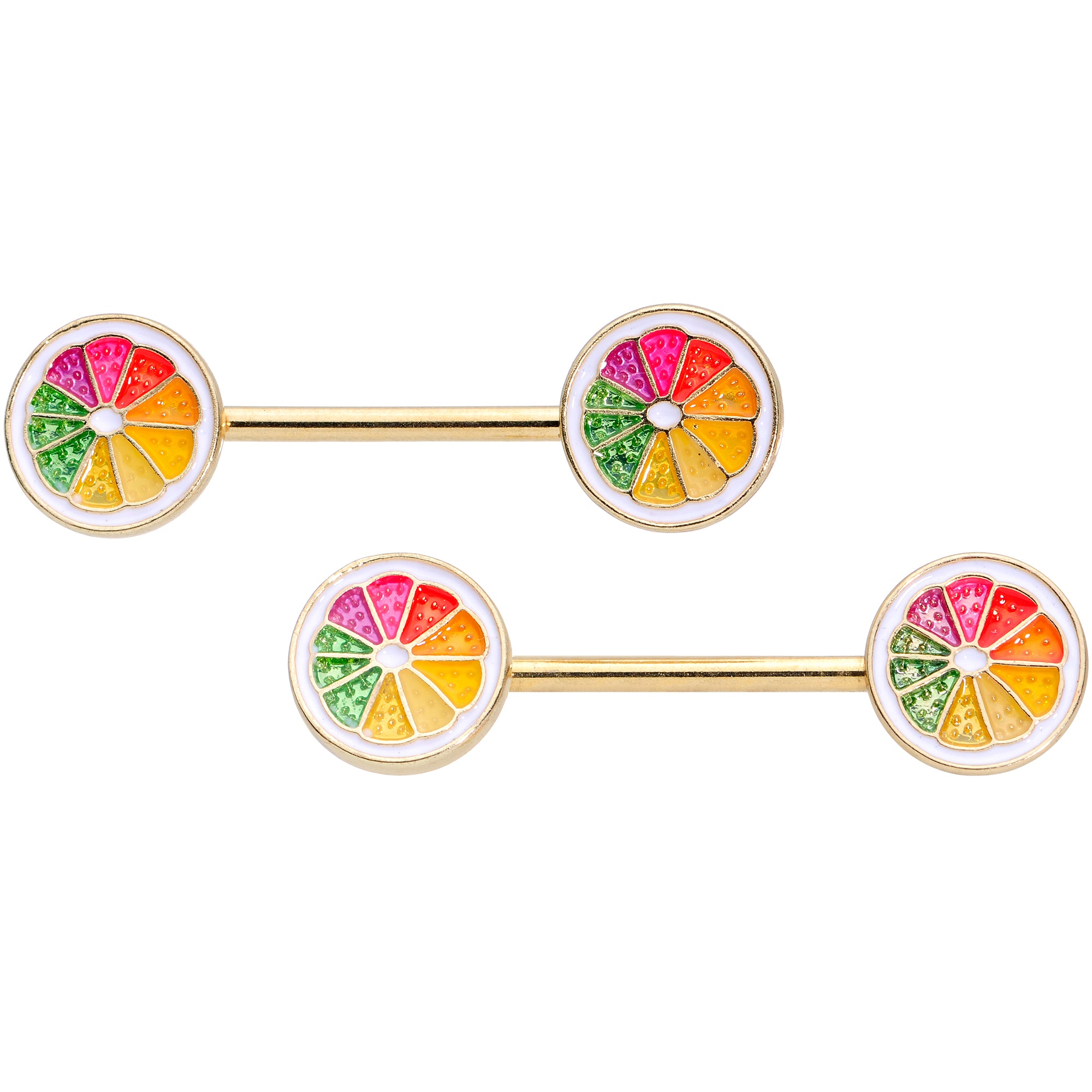 14G 5/8 Gold Tone Rainbow Grapefruit Barbell Nipple Ring Set