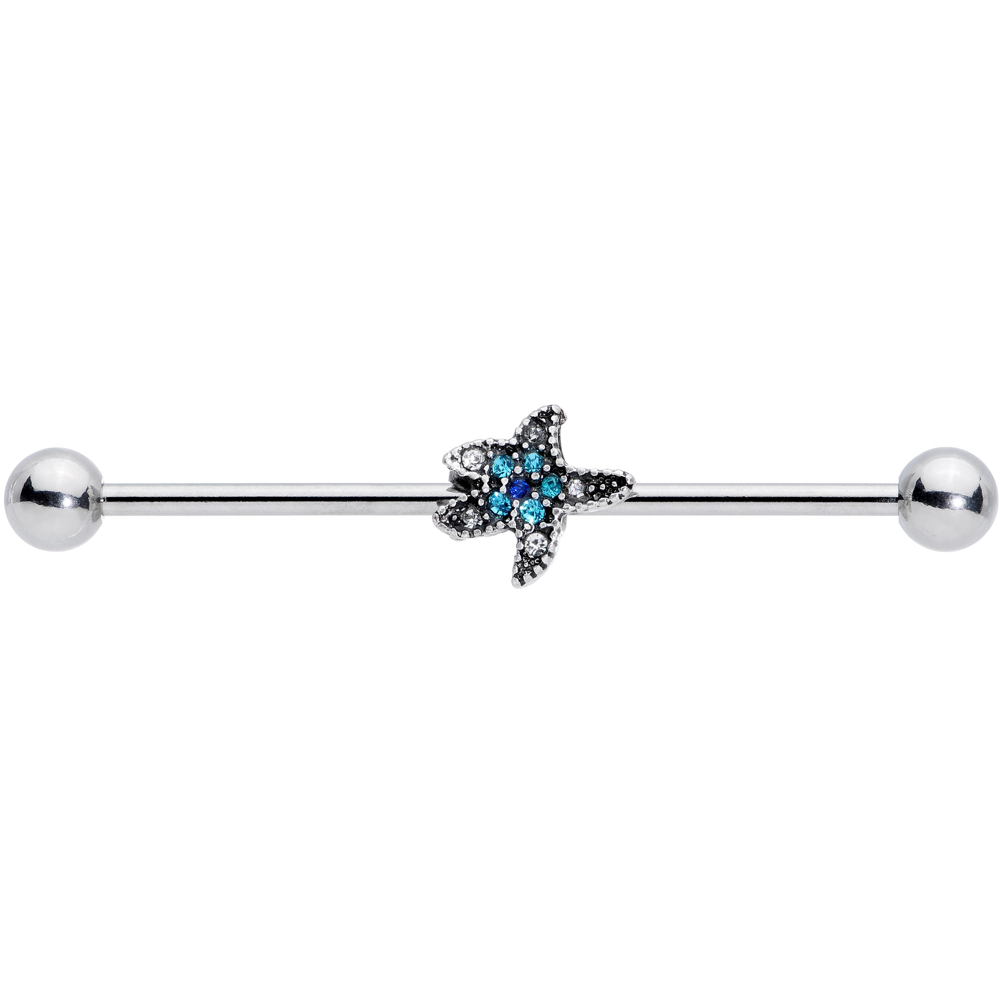 14G Aqua Blue Clear Gem Starfish Industrial Barbell 38mm