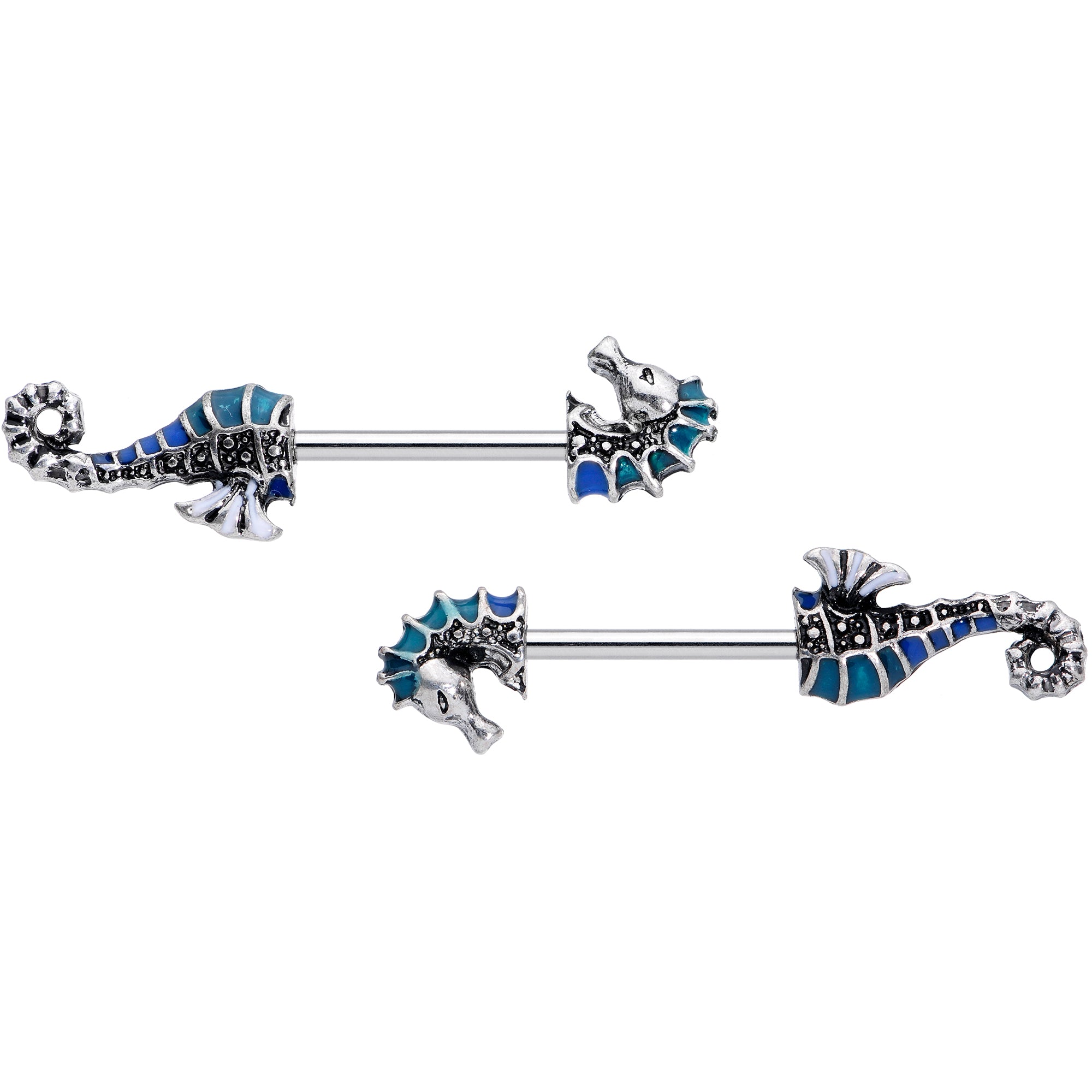 14G 9/16 Nautical Seahorse Barbell Nipple Ring Set