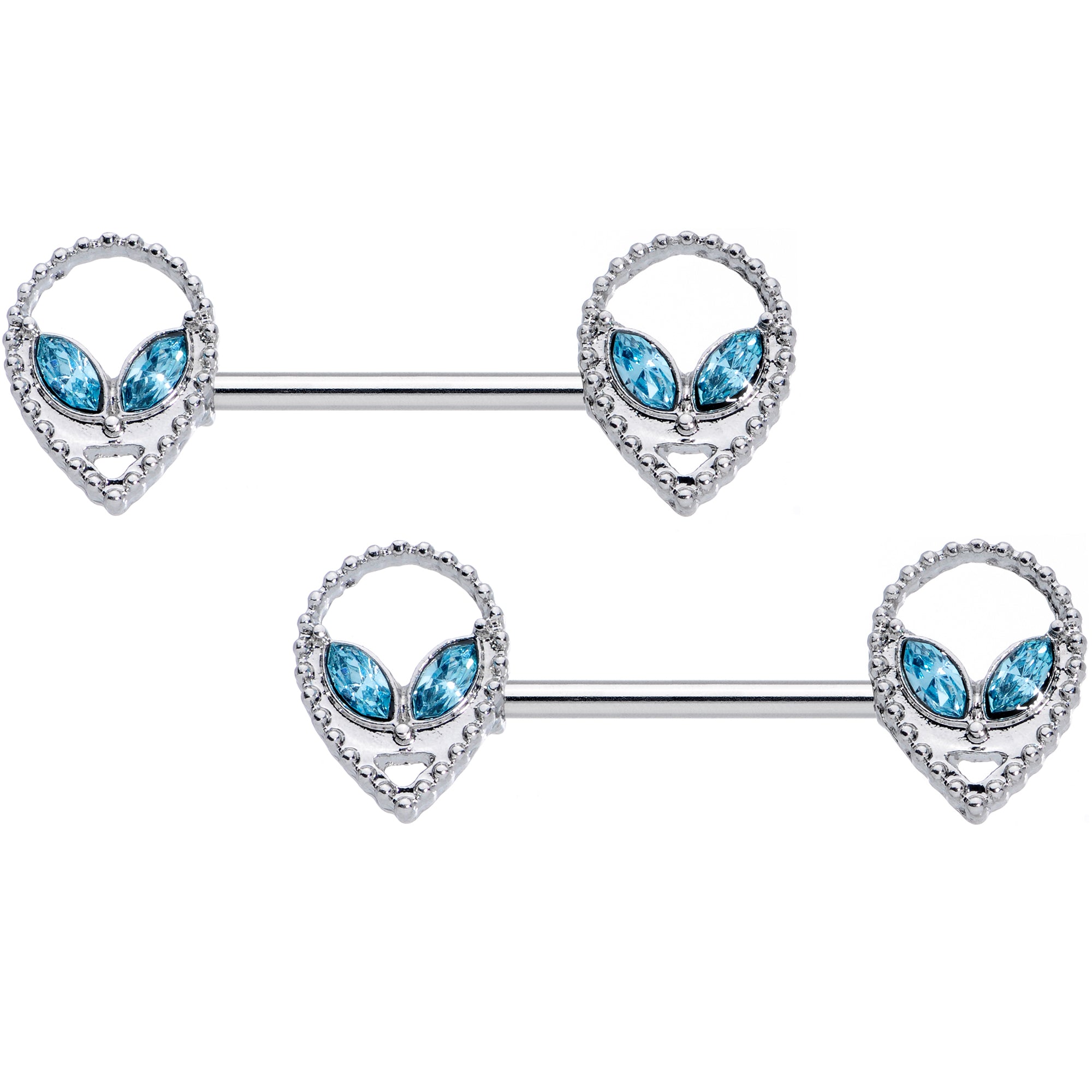 14G 5/8 Aqua Gem Hollow Alien Barbell Nipple Ring Set