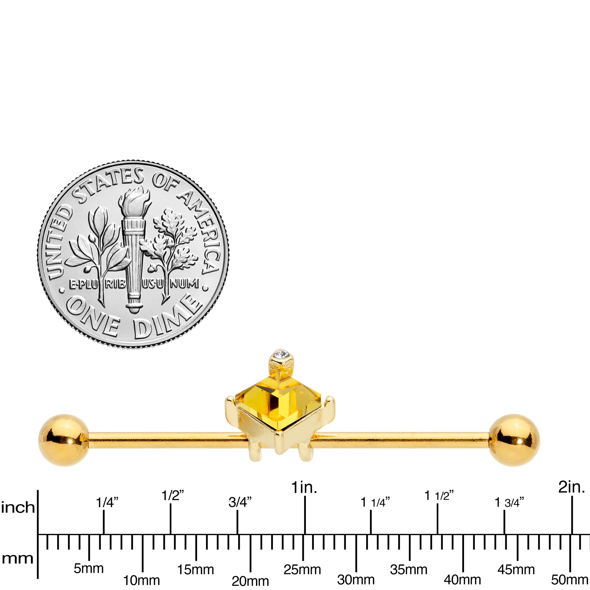 14G Clear Yellow Gem Gold Tone Rhombus Industrial Barbell 38mm