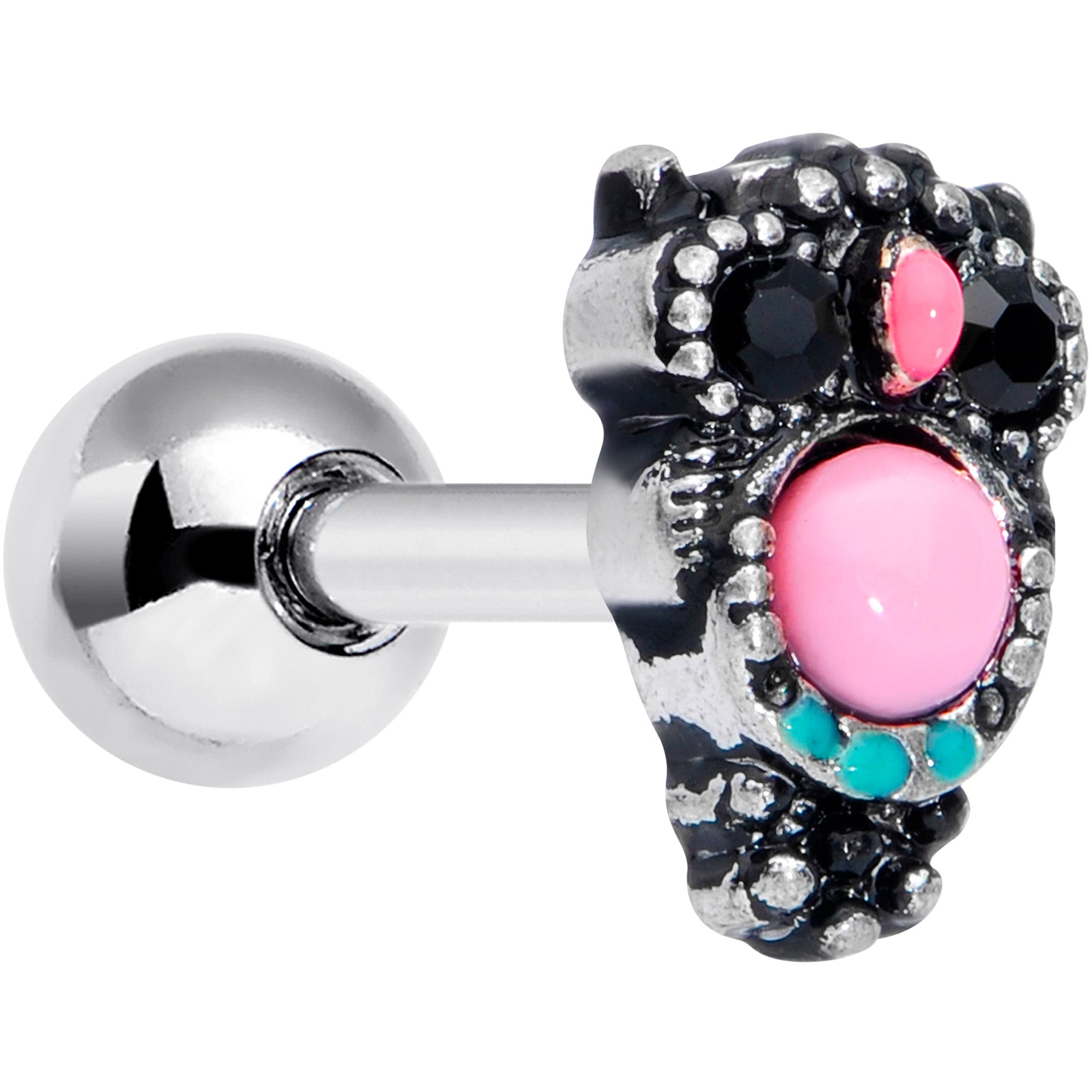 16G 1/4 Black Gem Pink Orb Owl Cartilage Tragus Earring