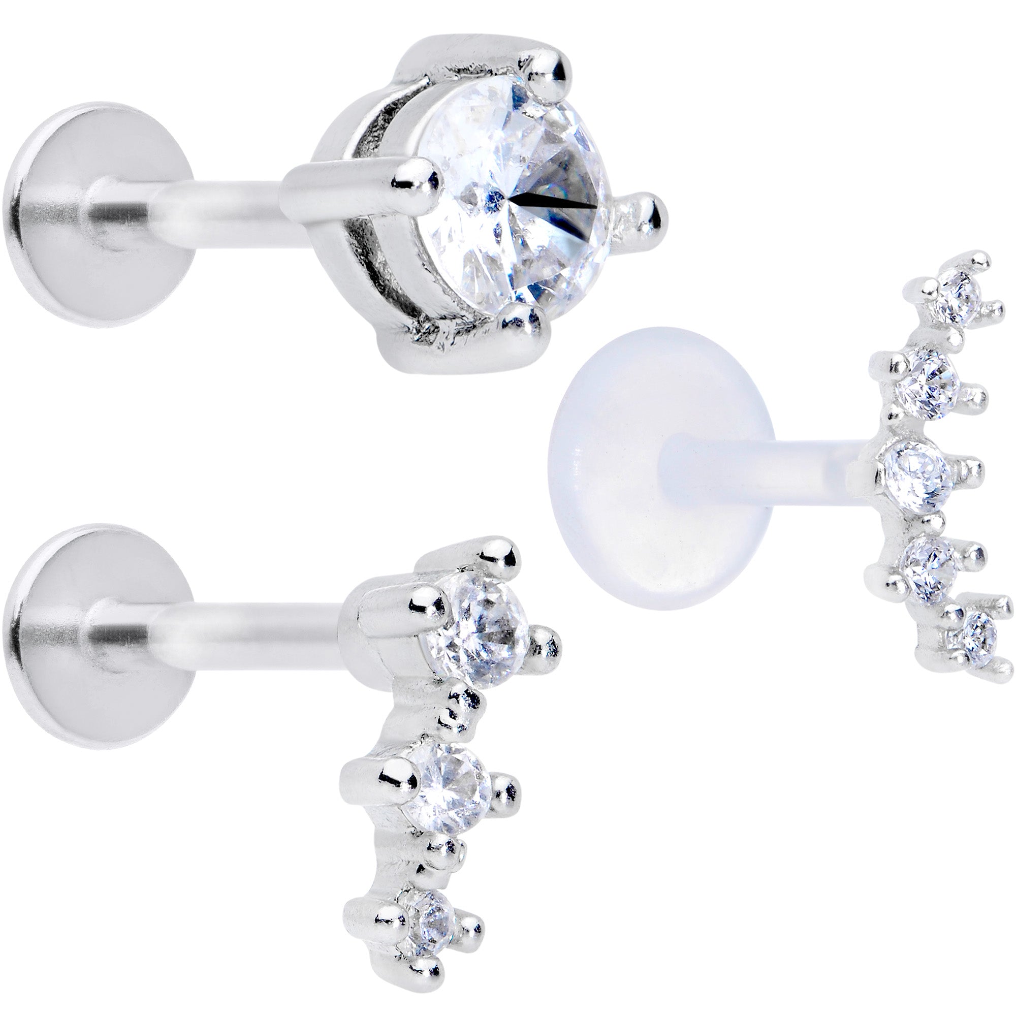 16G 5/16 Clear Gem Bioplast Curves Labret Monroe Tragus Set of 3