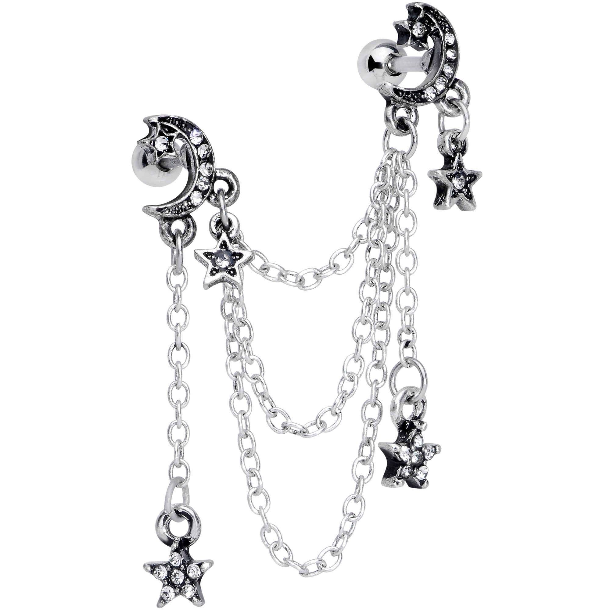 16G 1/4 Clear Gem Moon Star Triple Dangle Cartilage Chain Earring