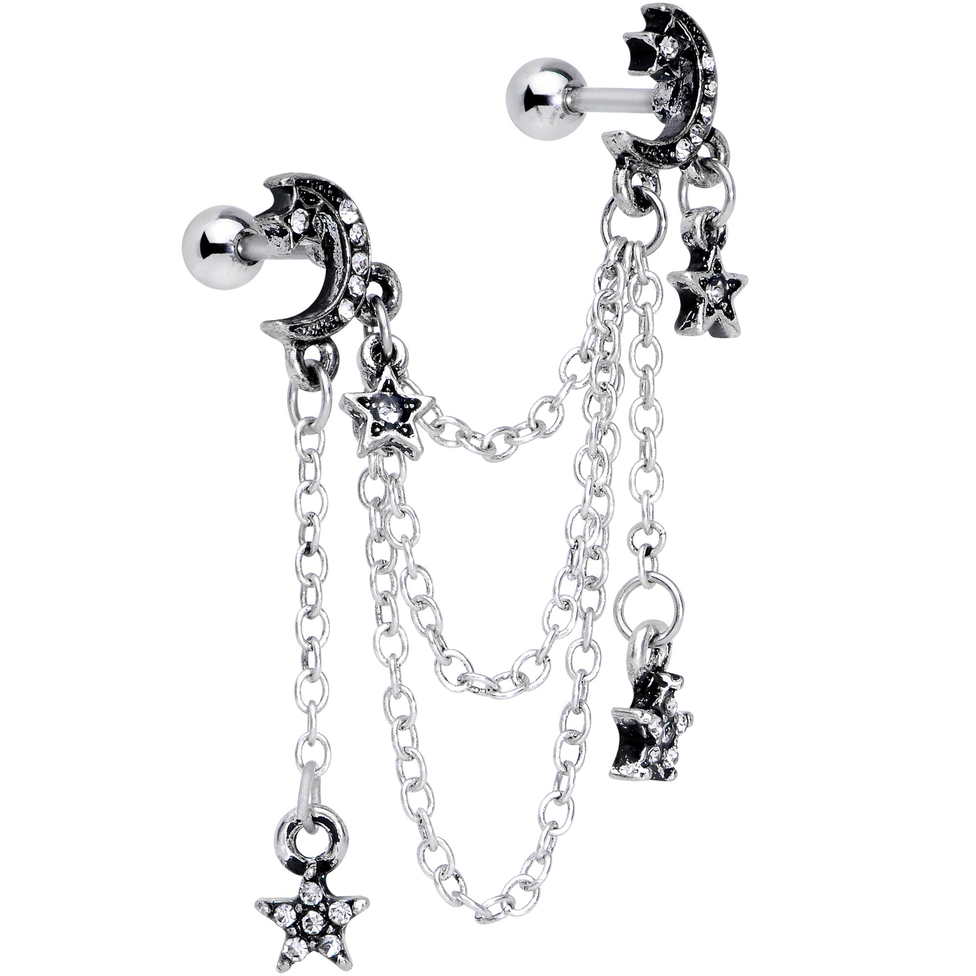 16G 1/4 Clear Gem Moon Star Triple Dangle Cartilage Chain Earring