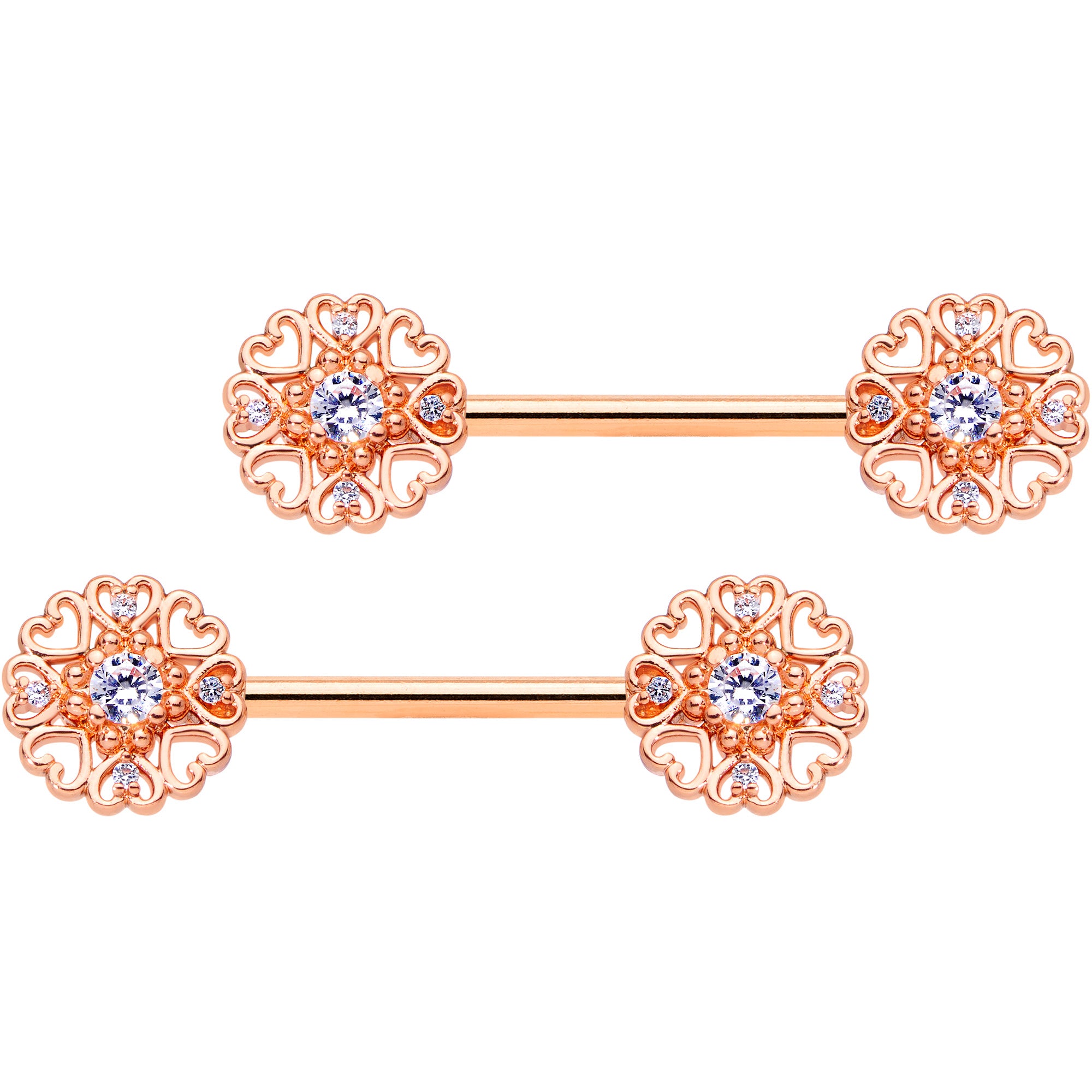 14G 9/16 Clear CZ Gem Rose Gold Hue Heart Barbell Nipple Ring Set