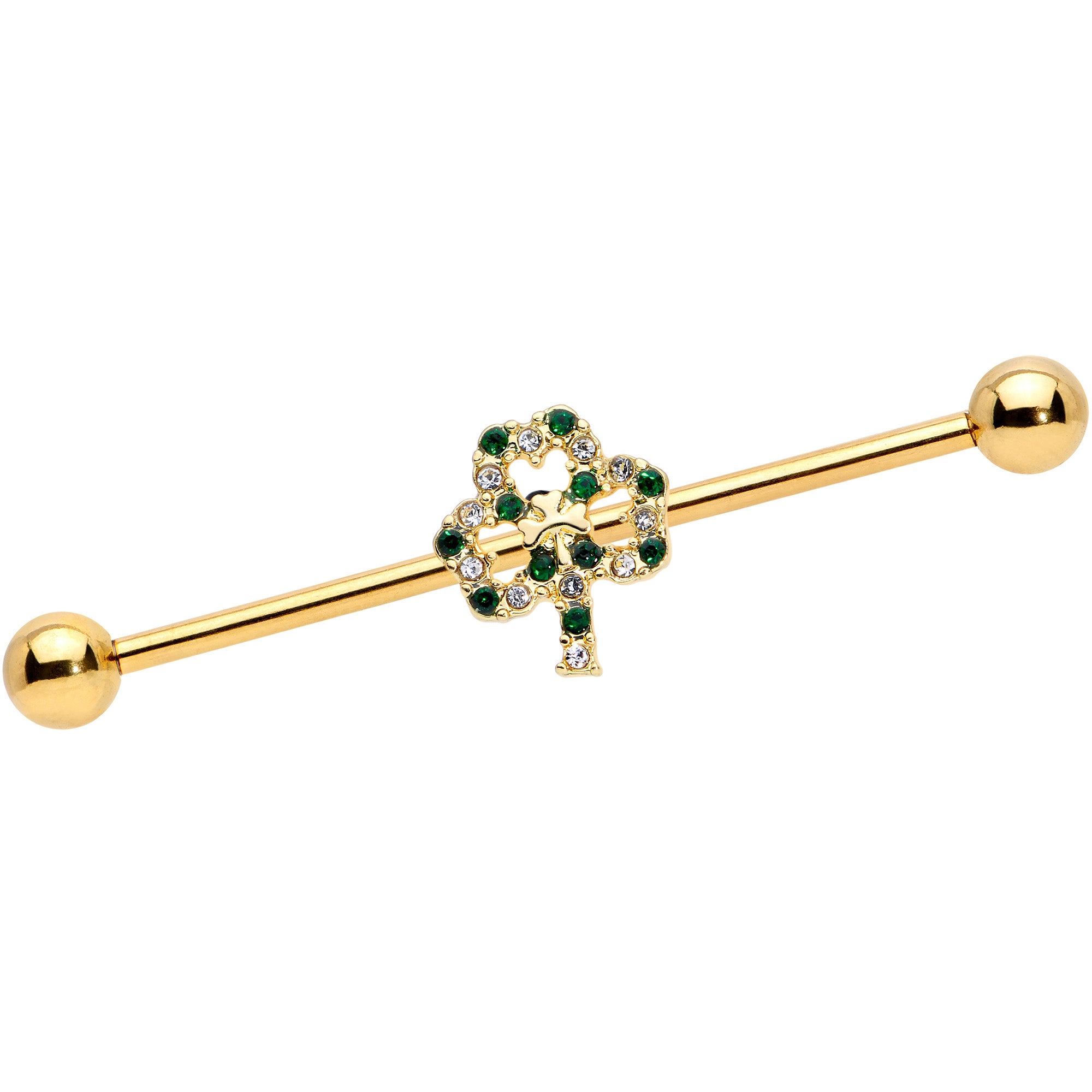 14G Green Gem Gold Tone Double Shamrock Industrial Barbell 38mm