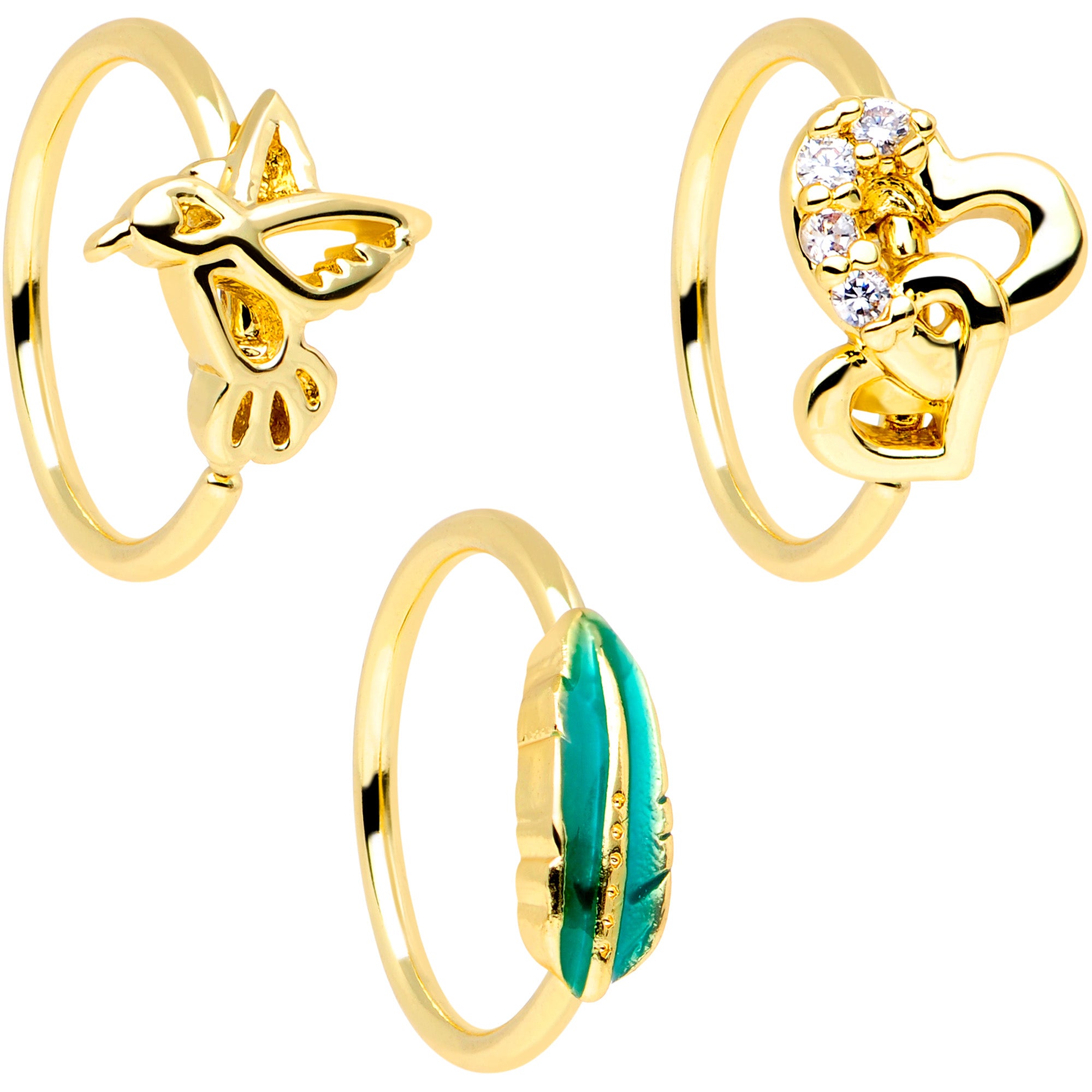 20G 5/16 Clear CZ Gem Gold Tone Bird Heart Nose Hoop Set of 3