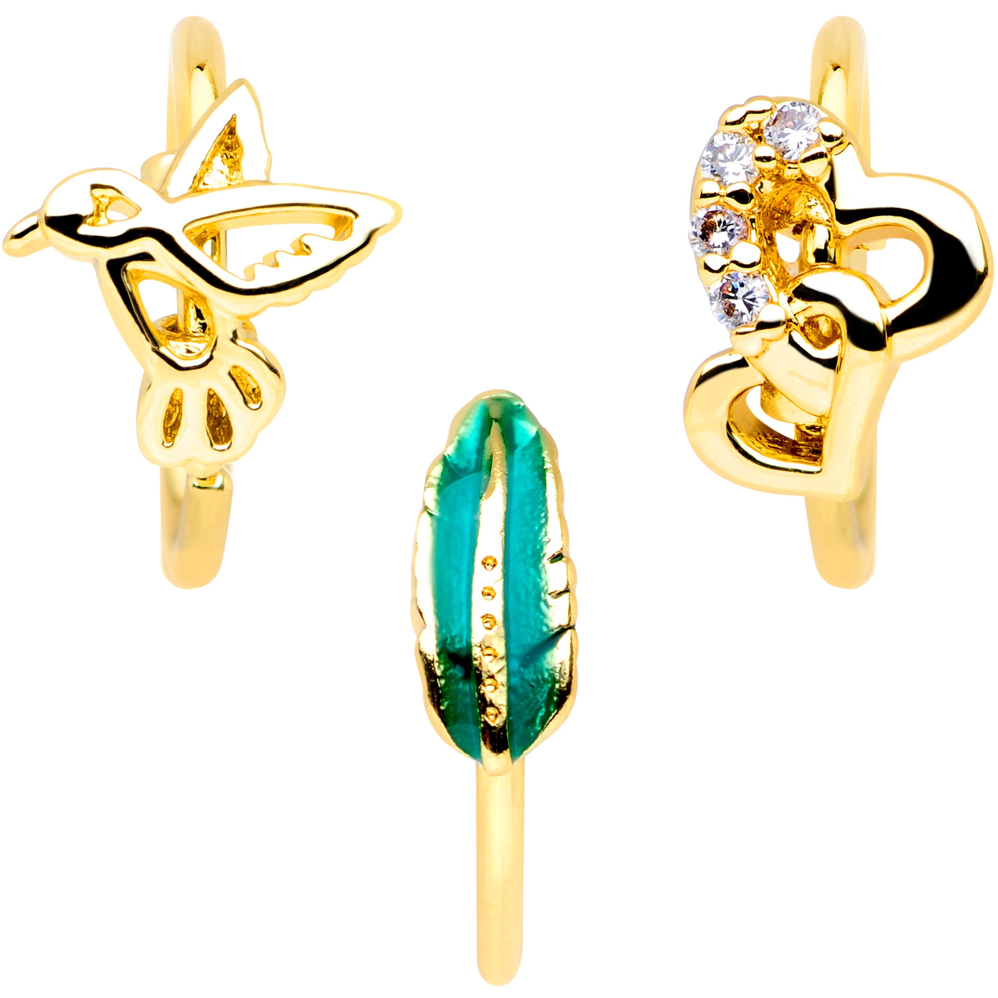 20G 5/16 Clear CZ Gem Gold Tone Bird Heart Nose Hoop Set of 3