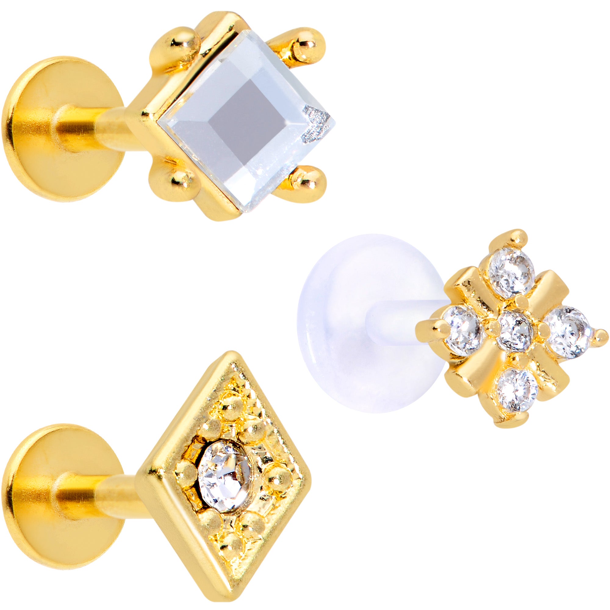 16G 5/16 Clear CZ Gem Gold Tone Geometric Labret Tragus Set of 3