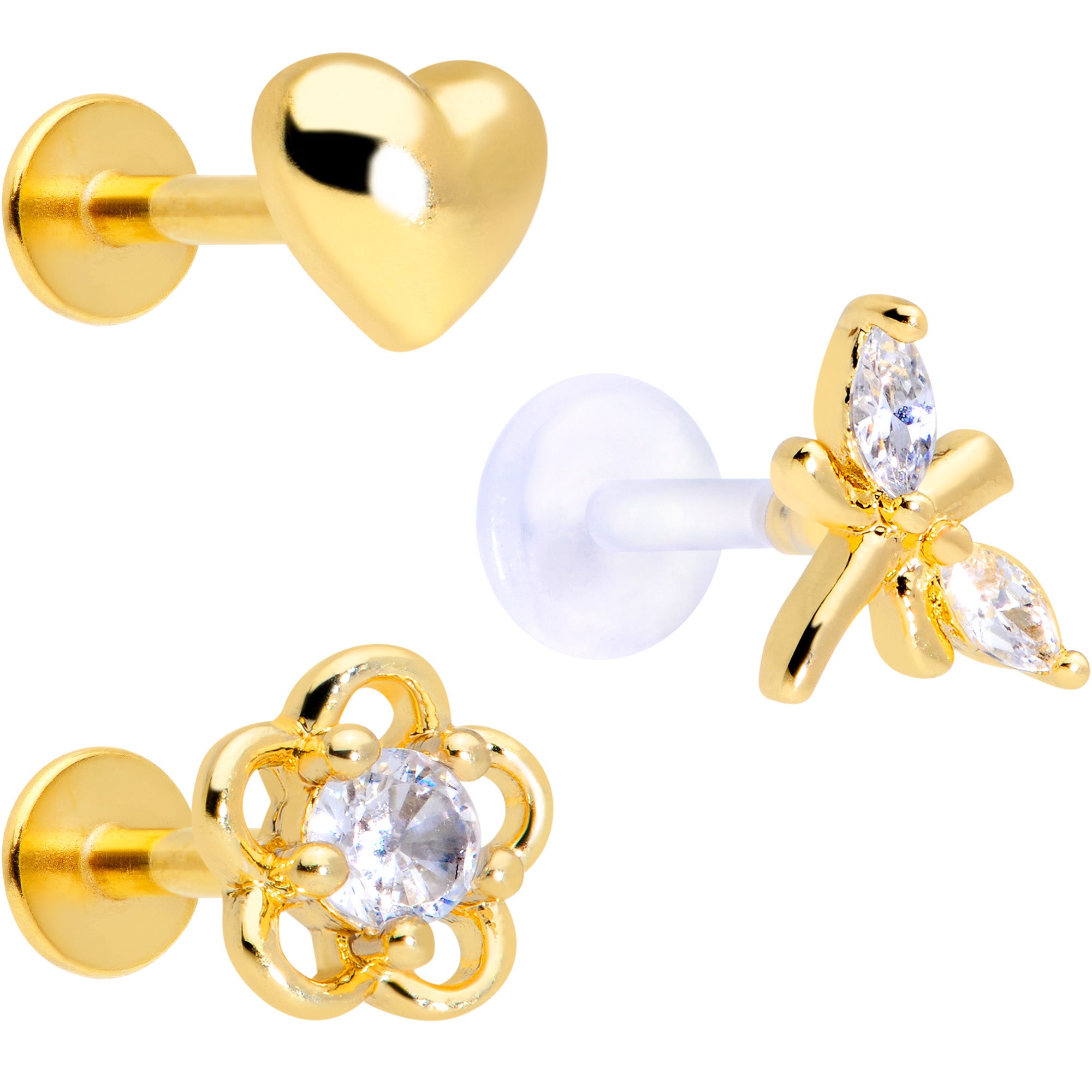 16G 5/16 Clear CZ Gem Gold Tone Heart Labret Tragus Set of 3