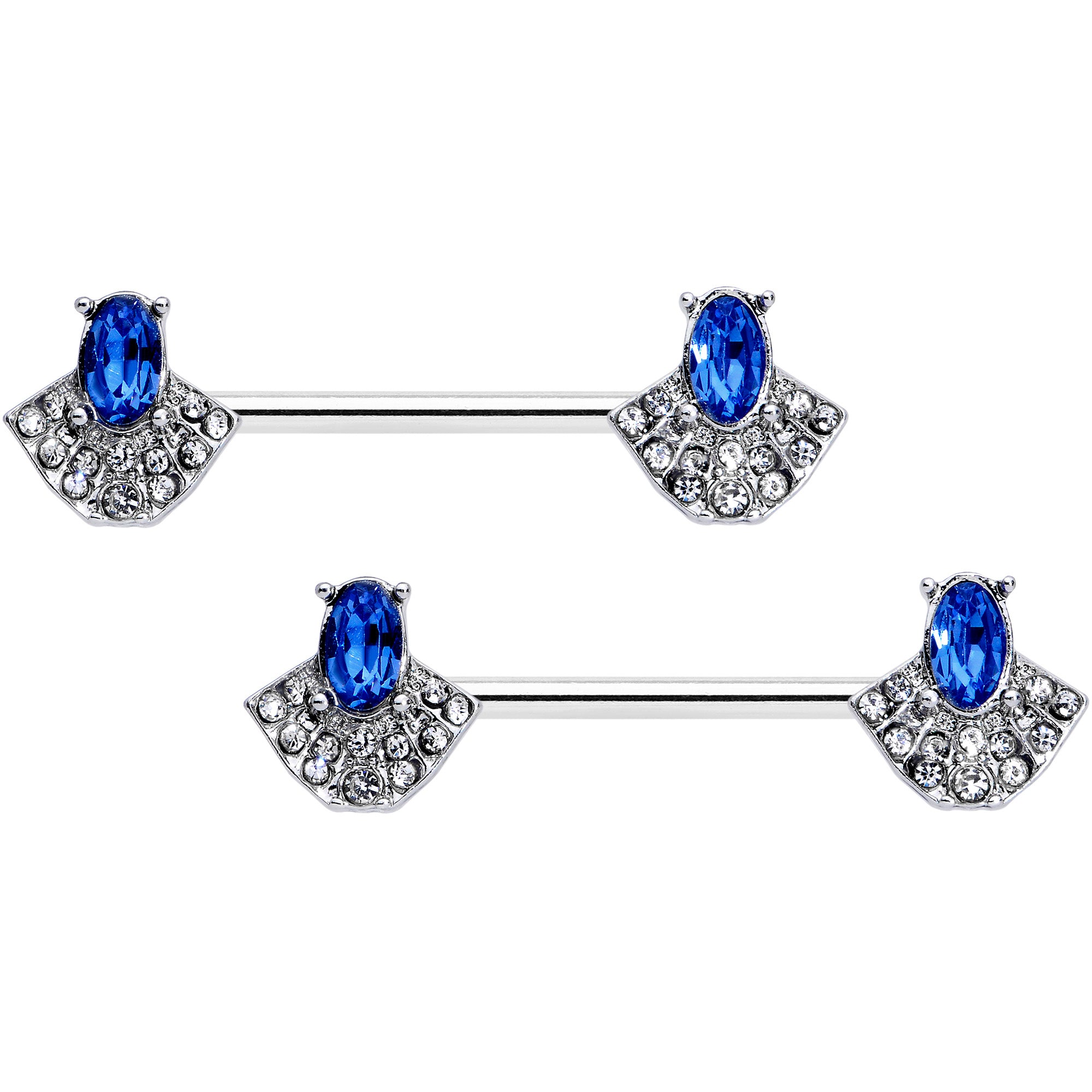 14G 5/8 Blue Clear Gem Art Deco Fan Barbell Nipple Ring Set