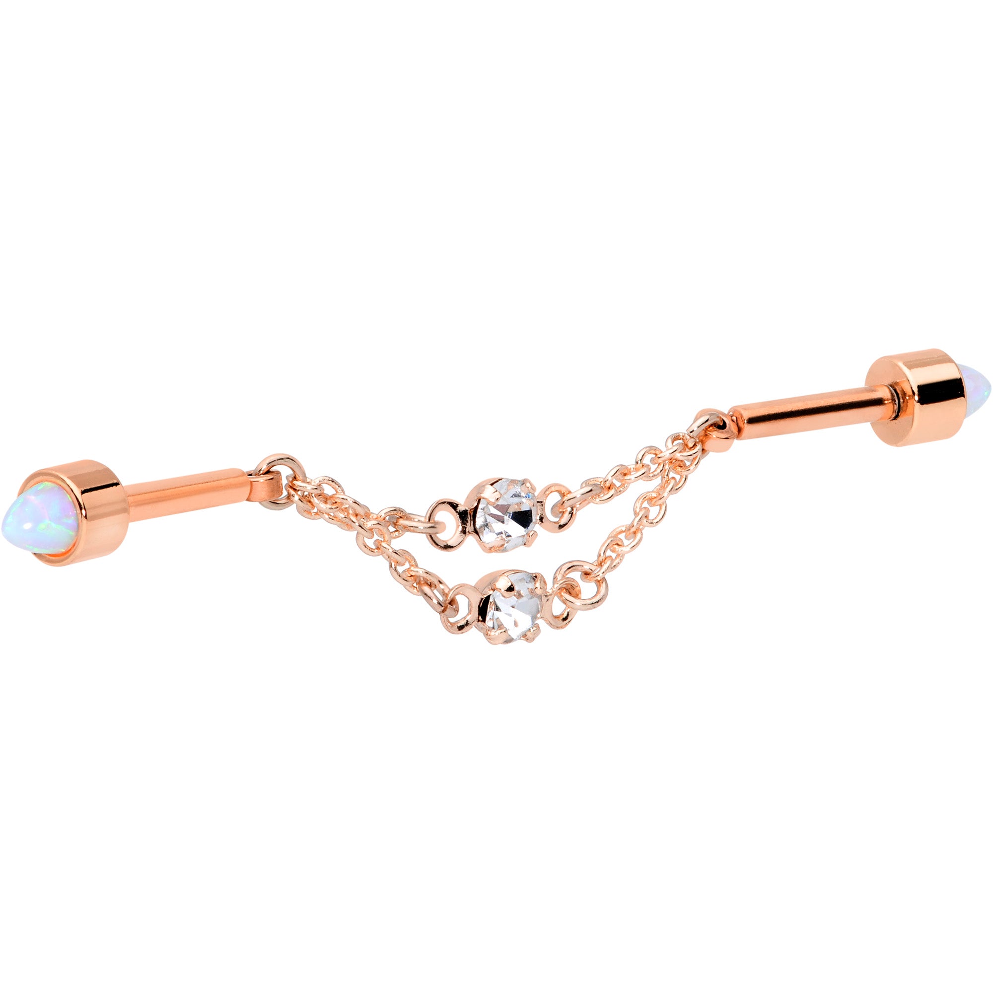 14G White Synth Opal Rose Gold Tone Dangle Double Industrial 38mm