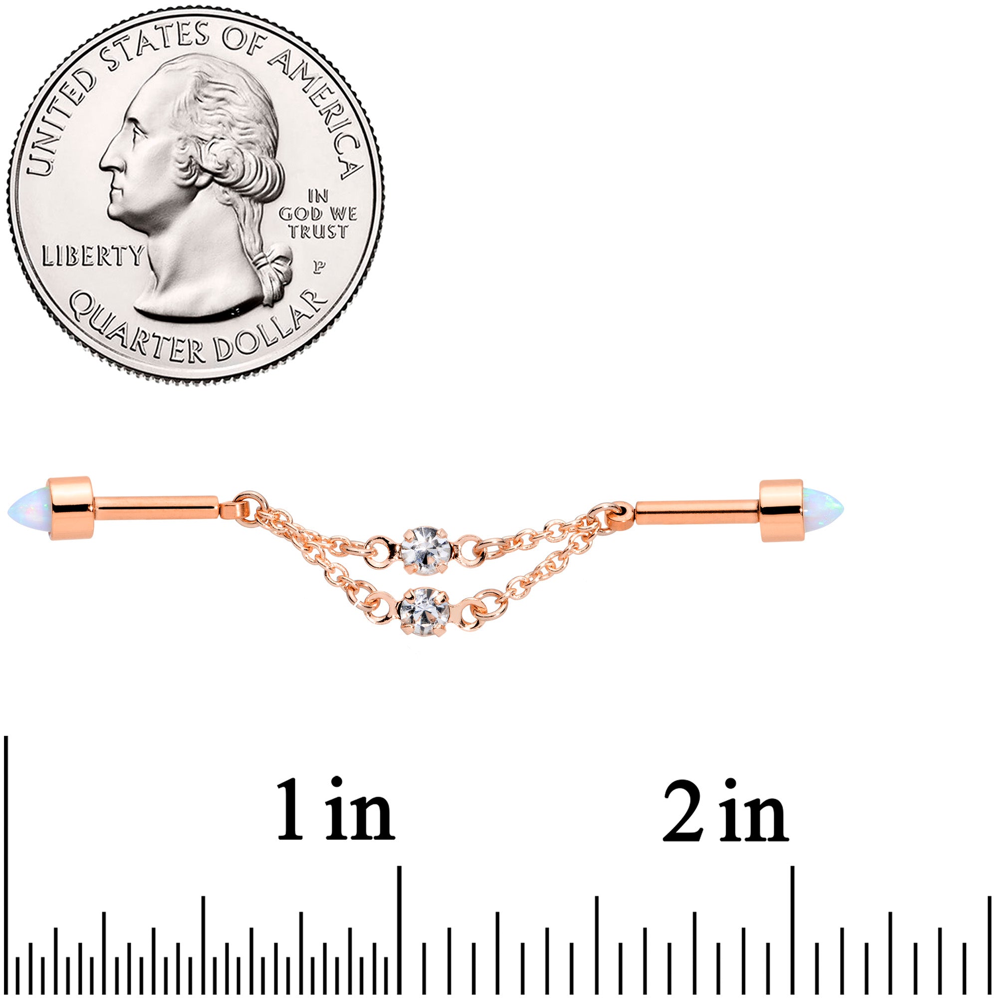 14G White Synth Opal Rose Gold Tone Dangle Double Industrial 38mm