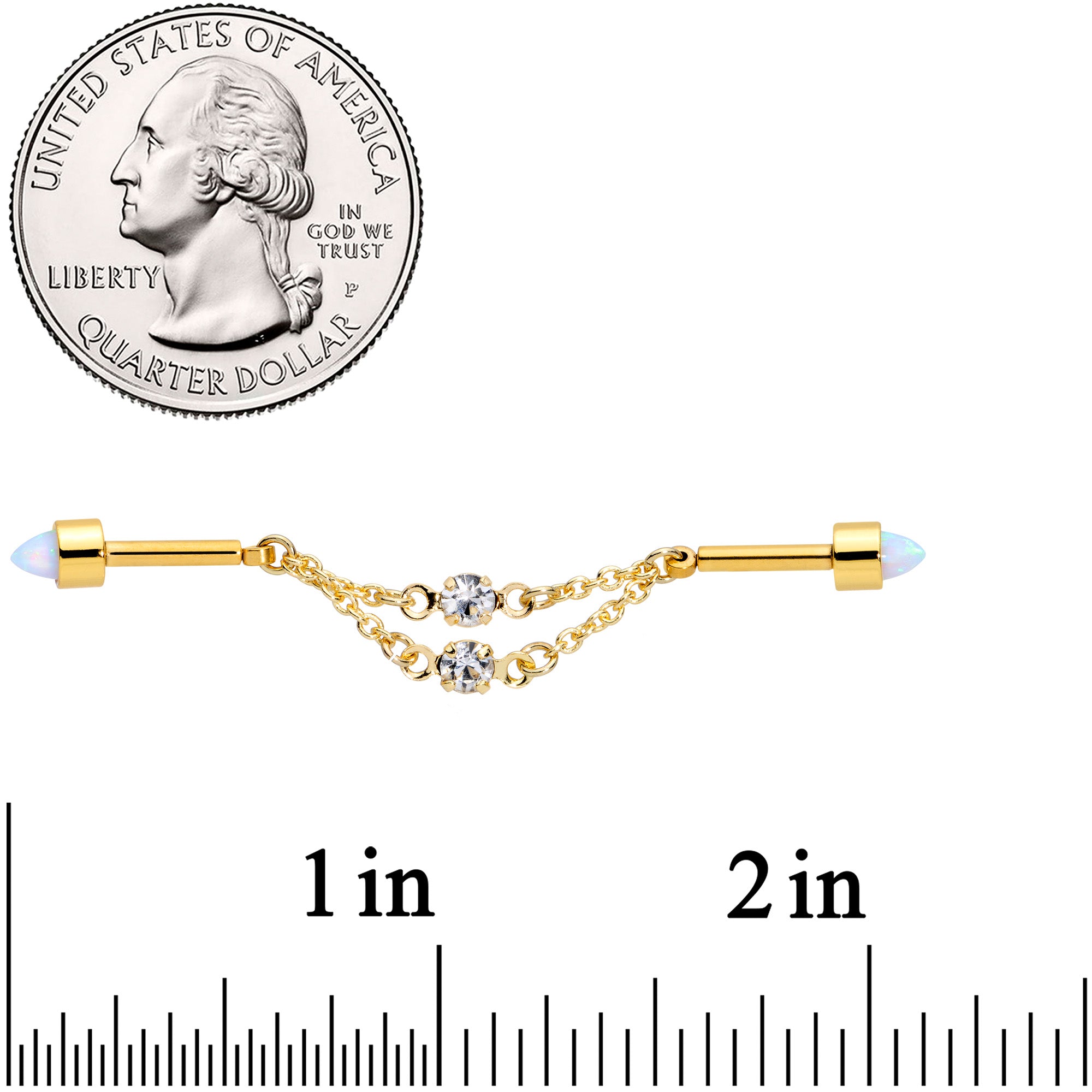 14G White Synth Opal Gold Tone Dangle Double Industrial 38mm