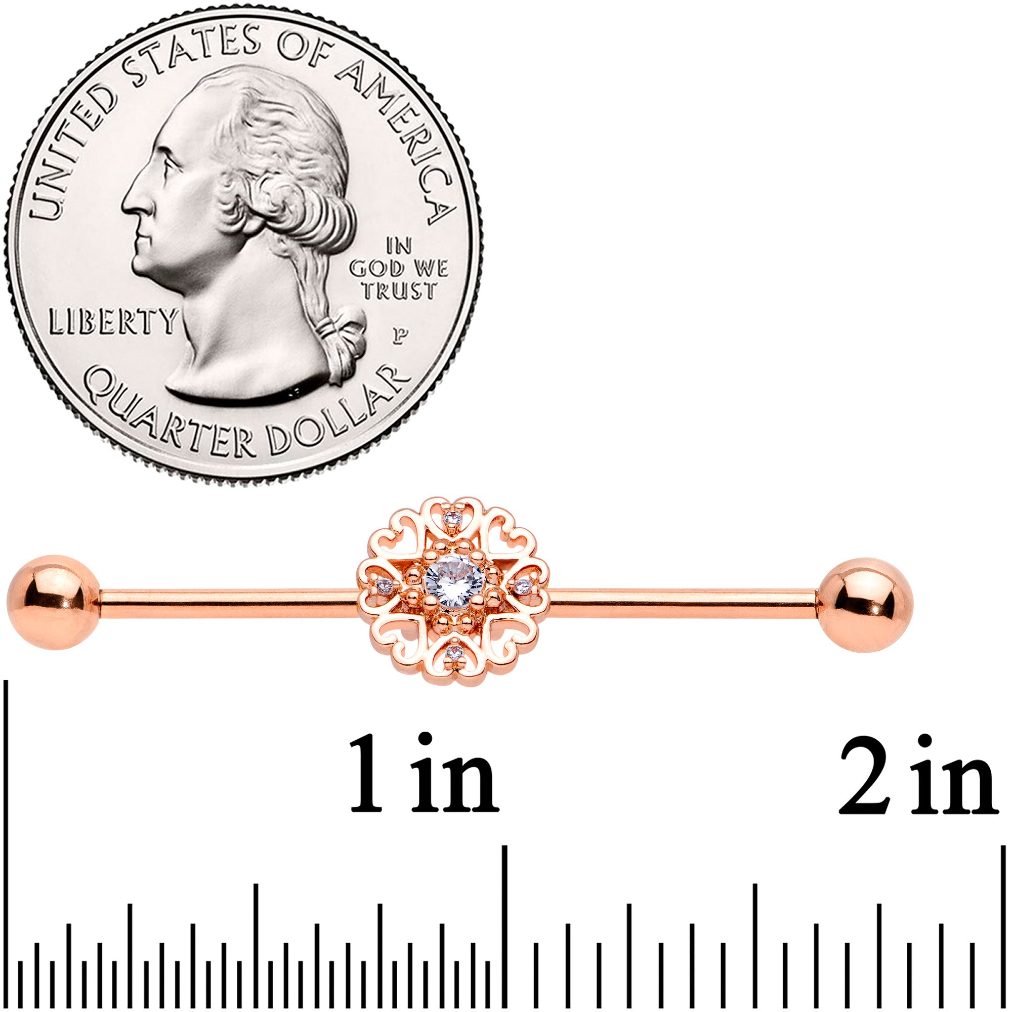 14G Clear CZ Gem Rose Gold Tone Hearts Industrial Barbell 38mm