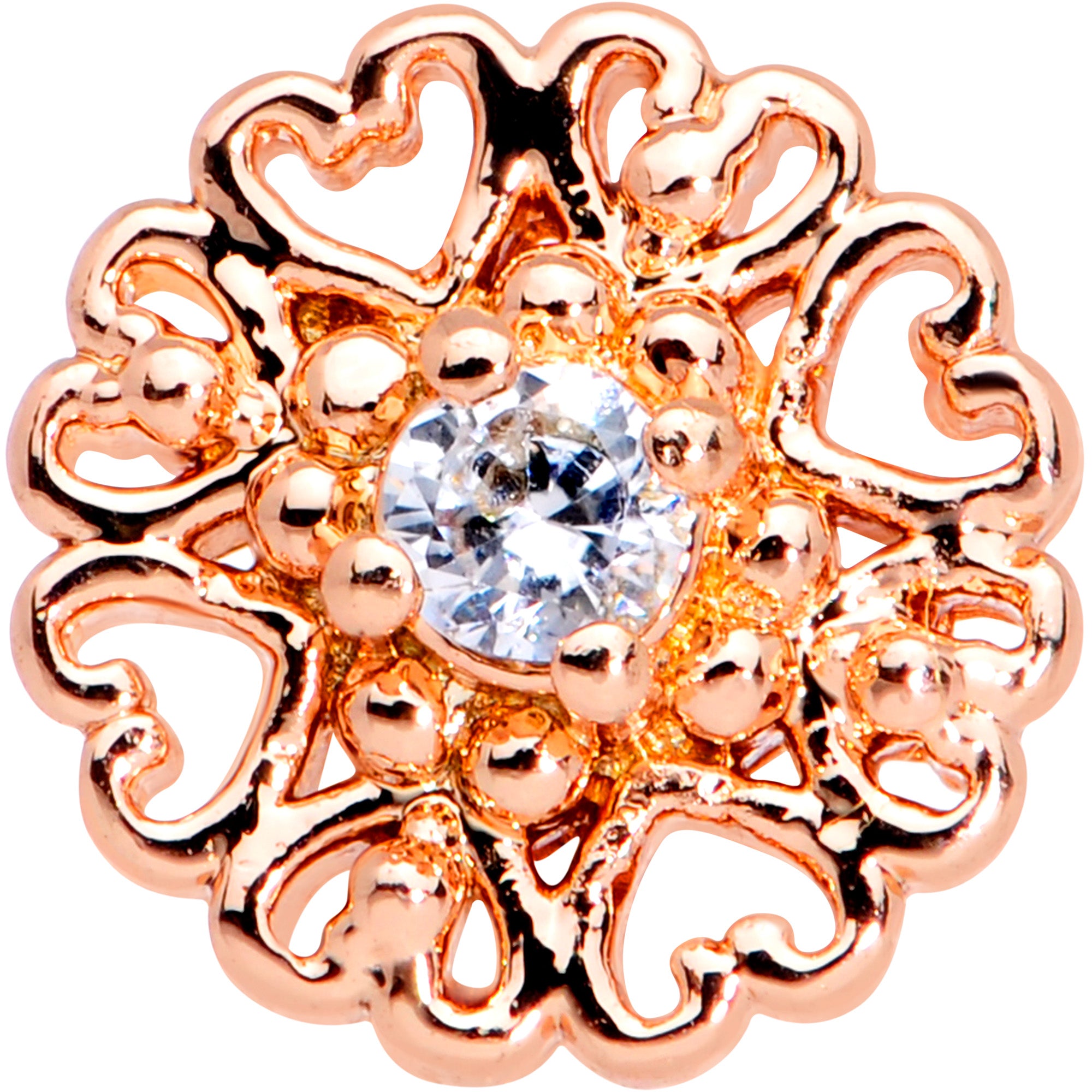 16G 5/16 Clear CZ Rose Gold Tone Hearts Labret Monroe Tragus