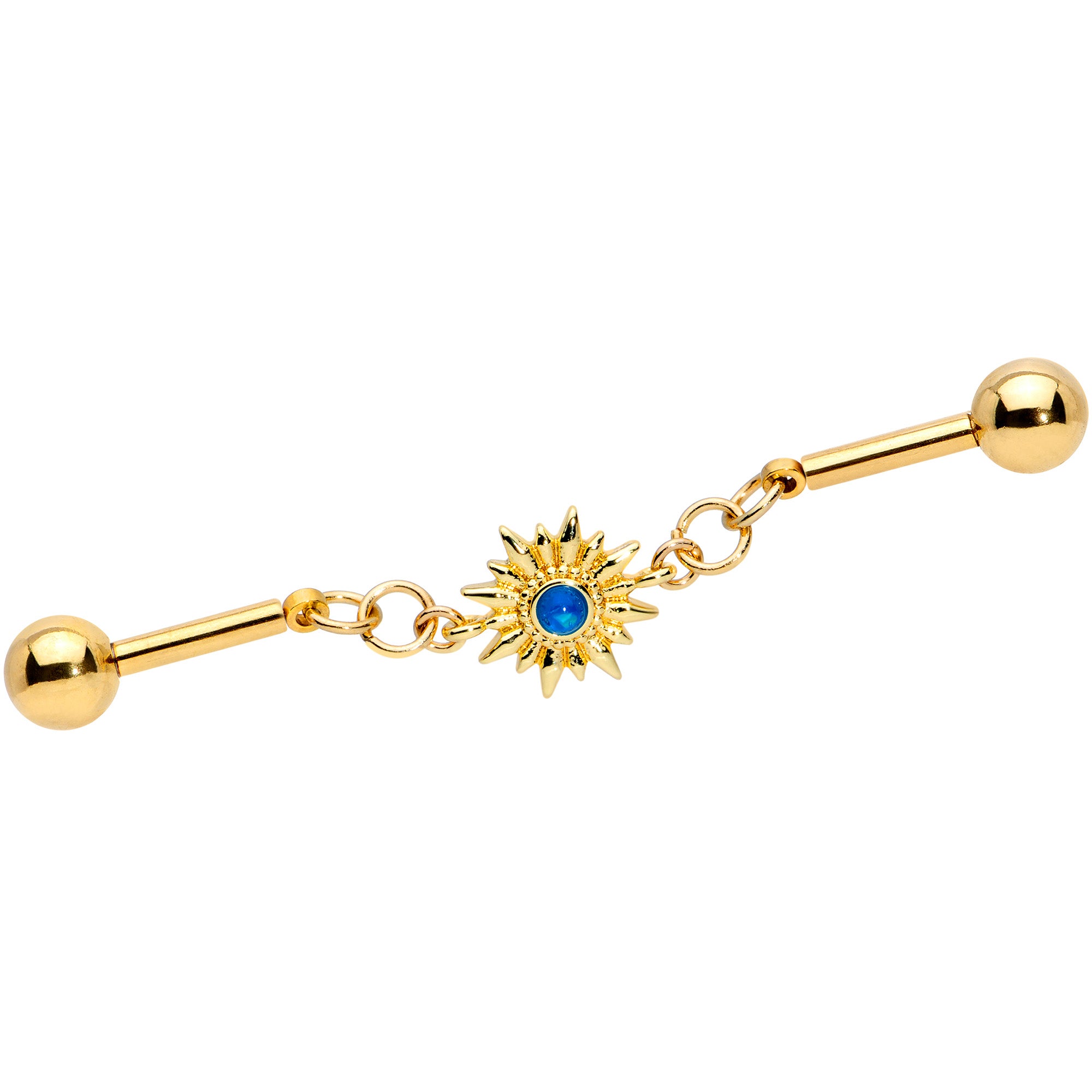 14G Blue Faux Druzy Gold Tone Sun Chain Industrial Barbell 38mm