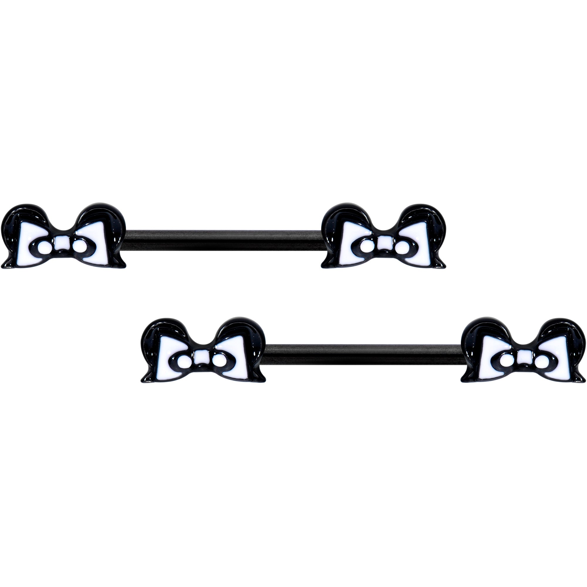 14G 9/16 Black White Formal Bow Barbell Nipple Ring Set