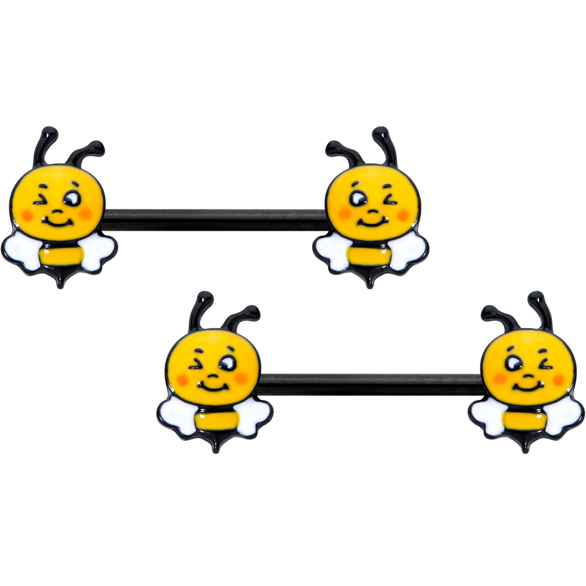 14G 9/16 Black Yellow Winking Bee Barbell Nipple Ring Set