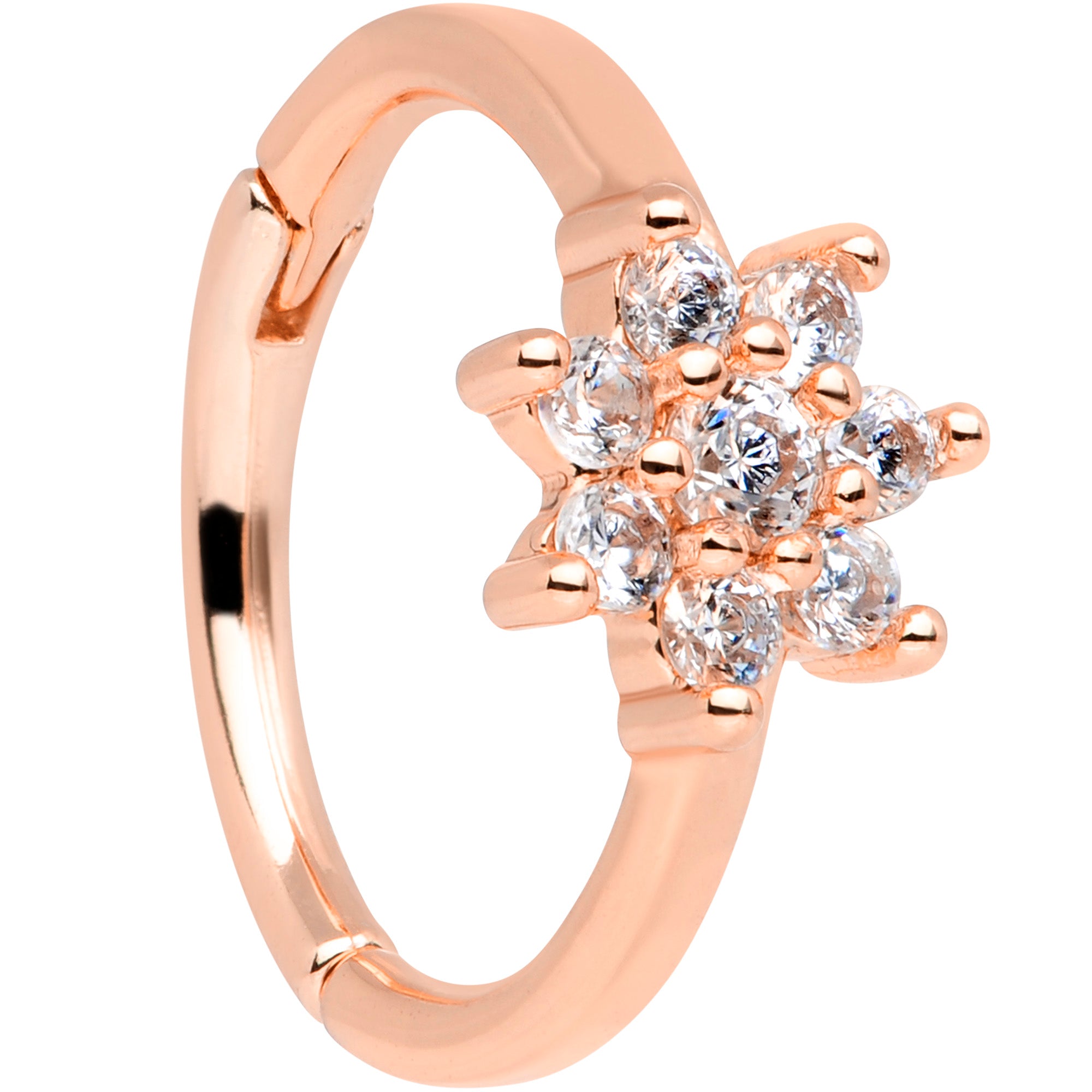 16G 3/8 Clear CZ Gem Rose Gold Tone Flower Hinged Segment Ring