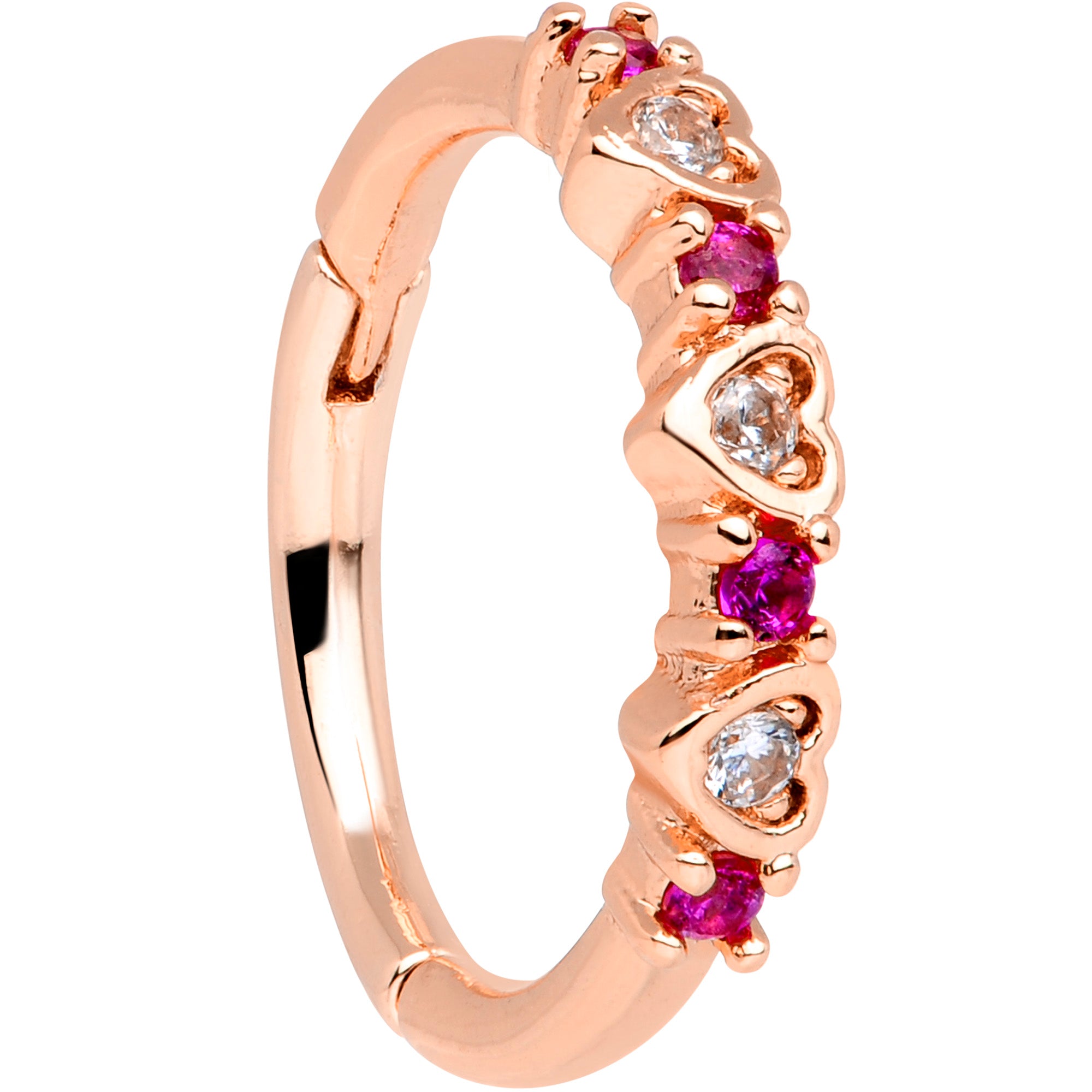 16G 3/8 Clear Pink CZ Gem Rose Gold Tone Hearts Hinged Segment Ring