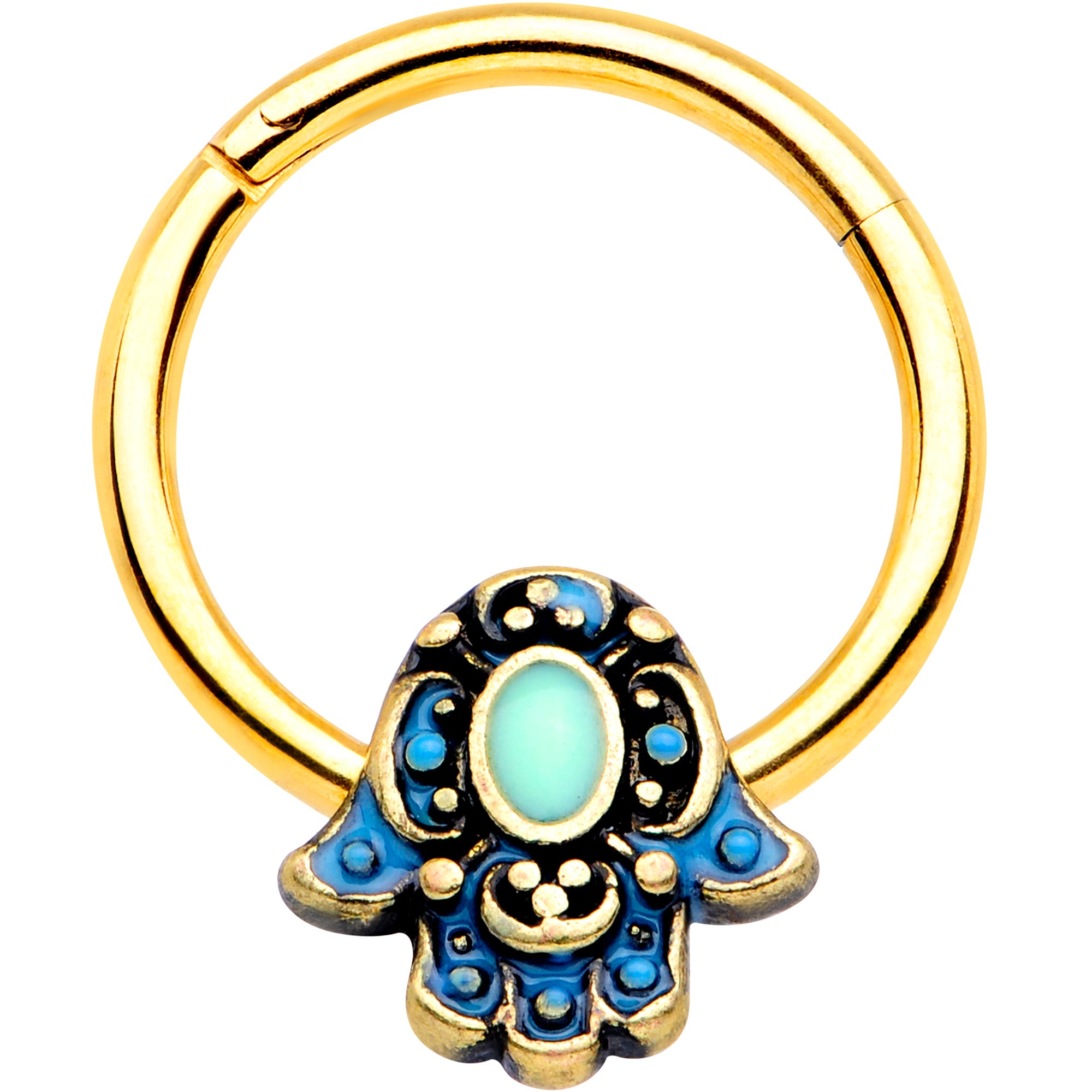 16G 3/8 Gold Tone Aqua Ornate Hamsa Hand Septum Ring