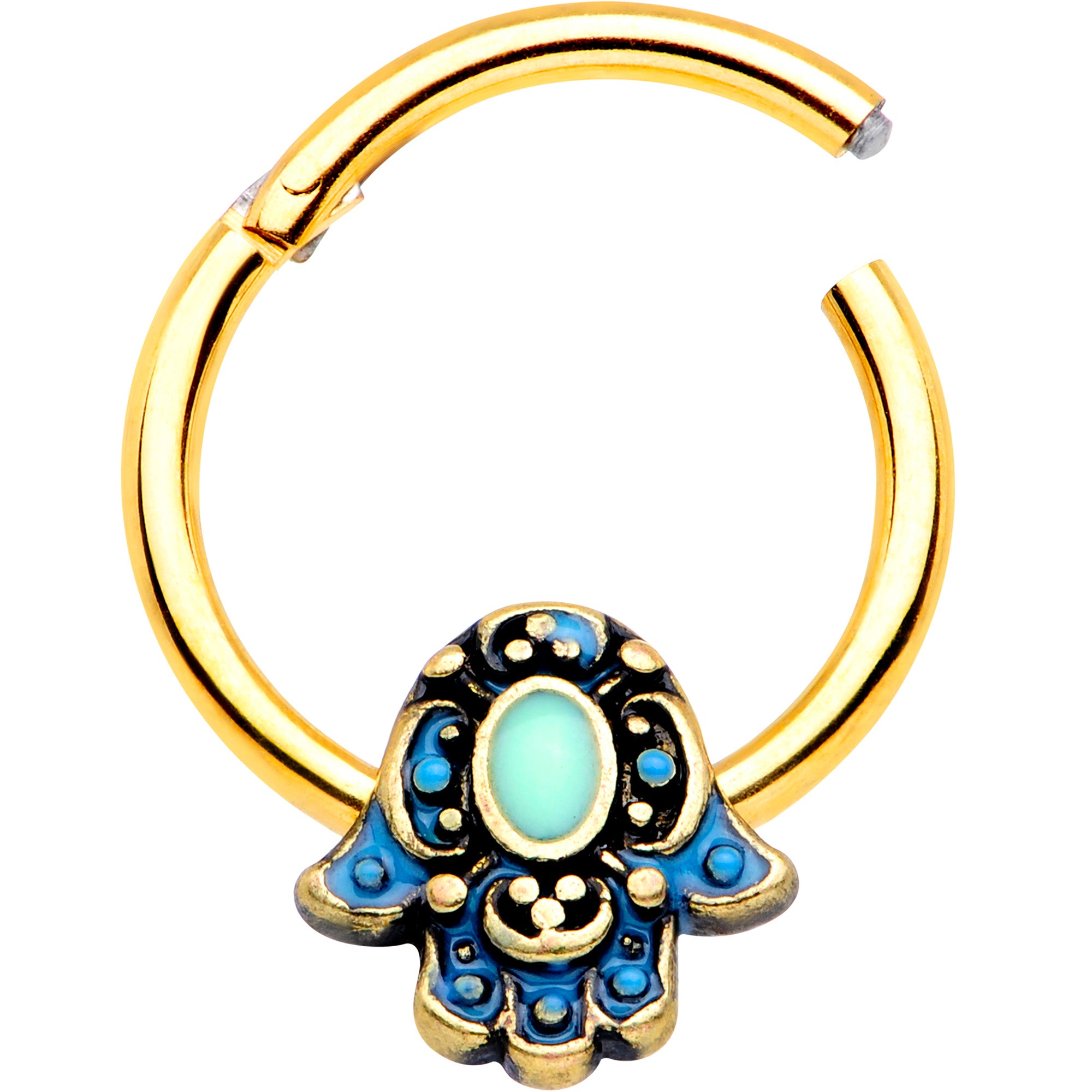 16G 3/8 Gold Tone Aqua Ornate Hamsa Hand Septum Ring