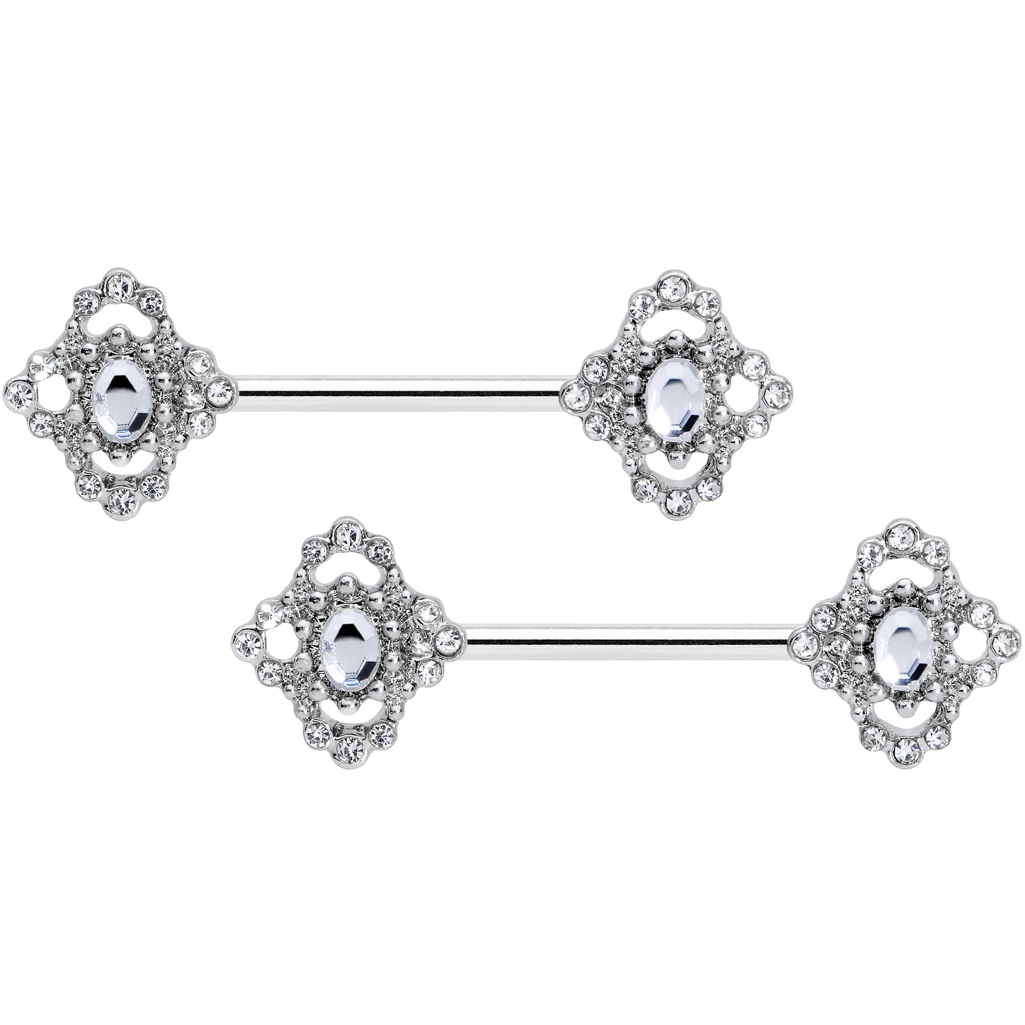 14G 9/16 Clear Gem Baroque Cross Barbell Nipple Ring Set