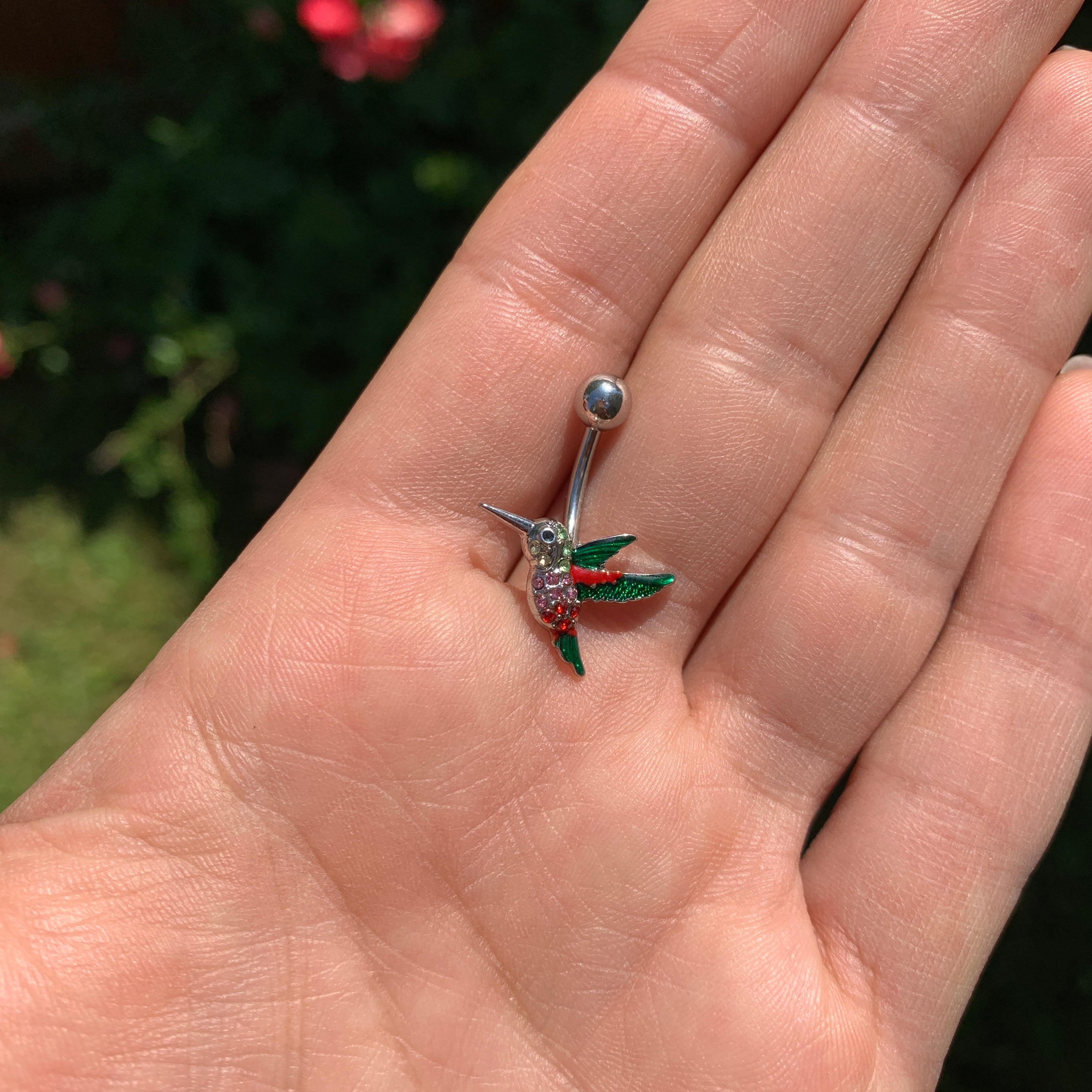 Red Pink Green Gem Hummingbird Belly Ring