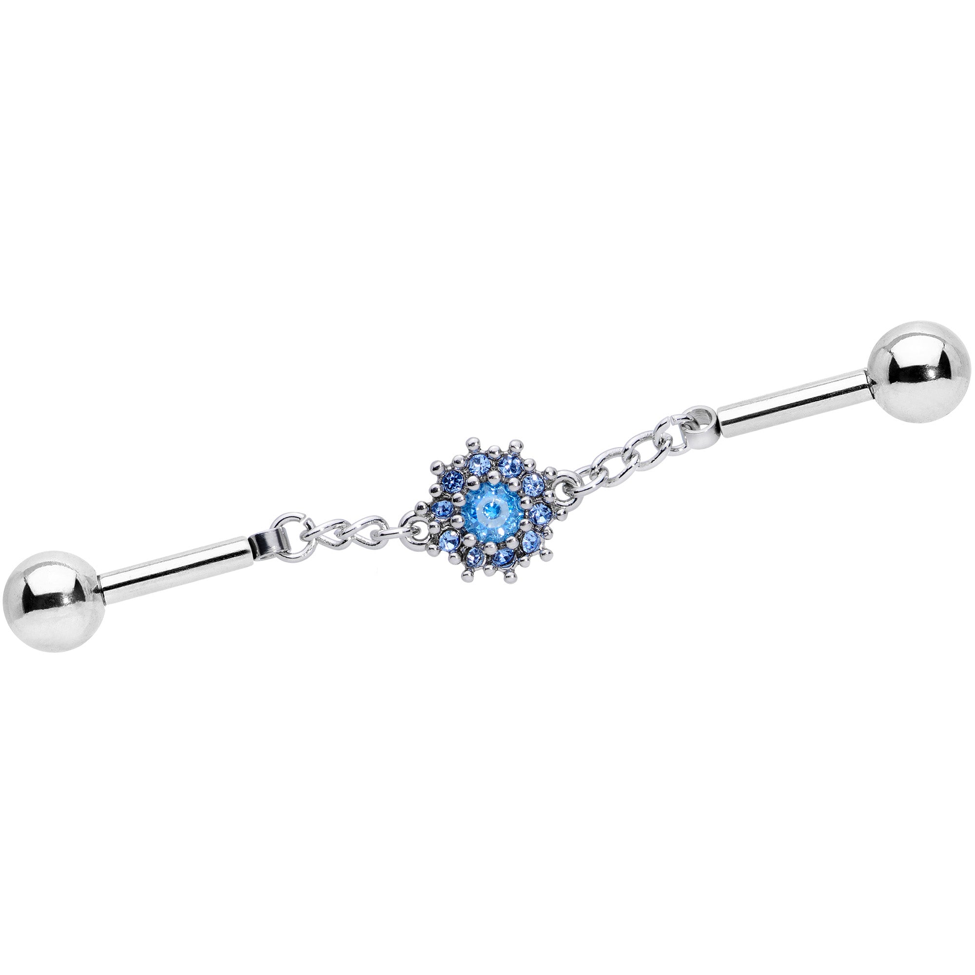 14G Aqua Gem Sunburst Chain Dangle Industrial Barbell 40mm